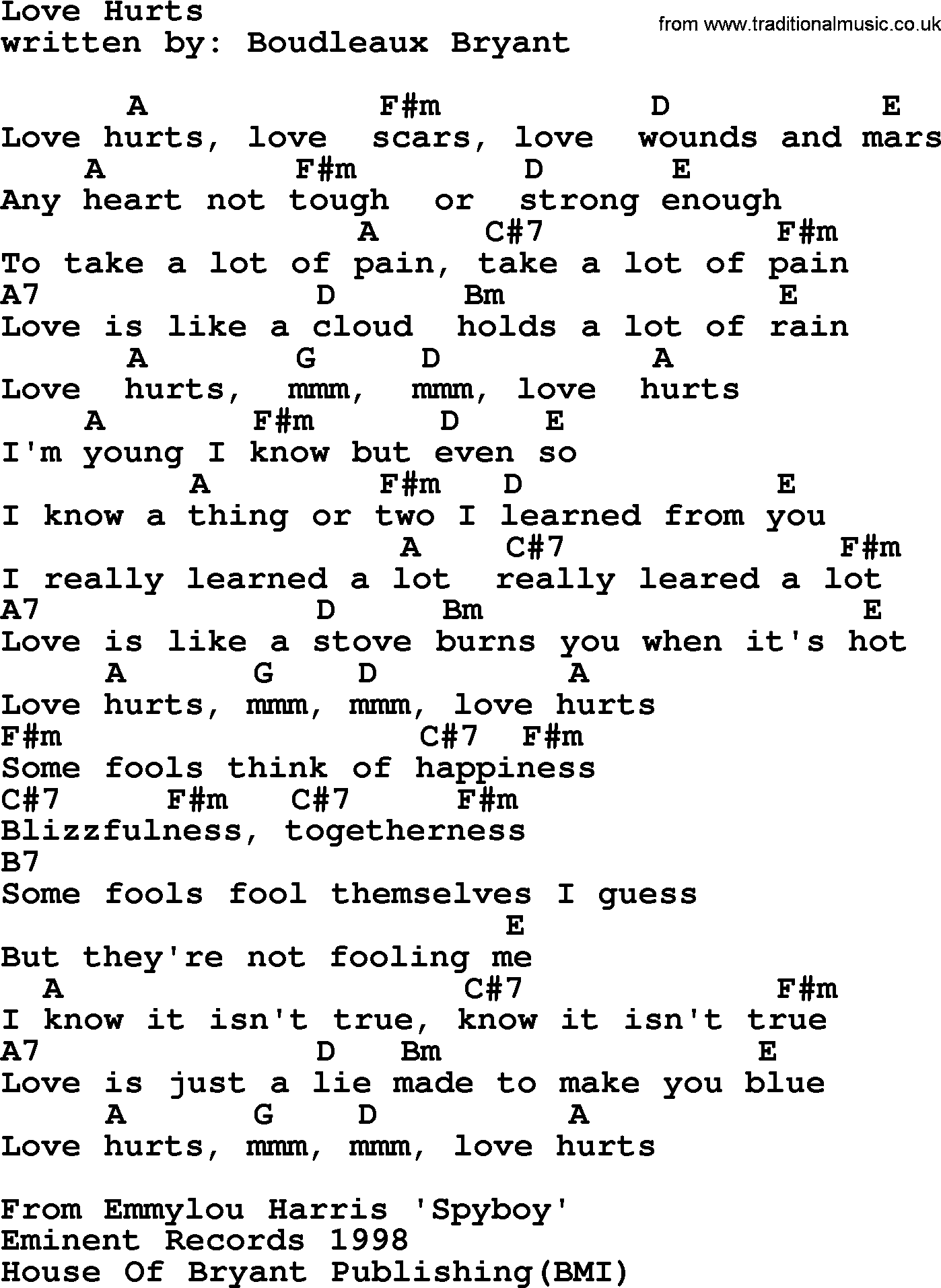 Emmylou Harris song: Love Hurts lyrics and chords