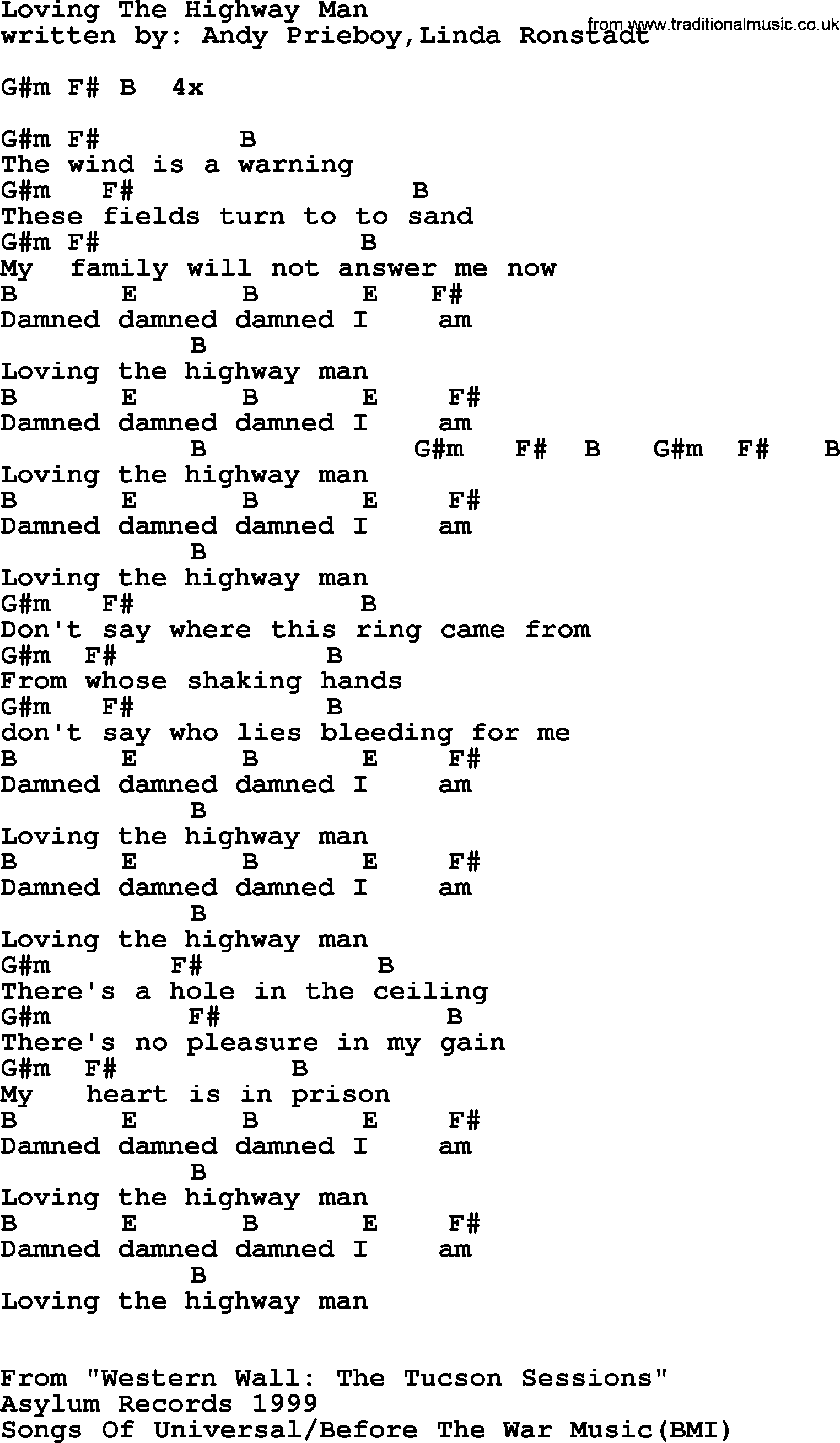 Emmylou Harris song: Loving The Highway Man lyrics and chords