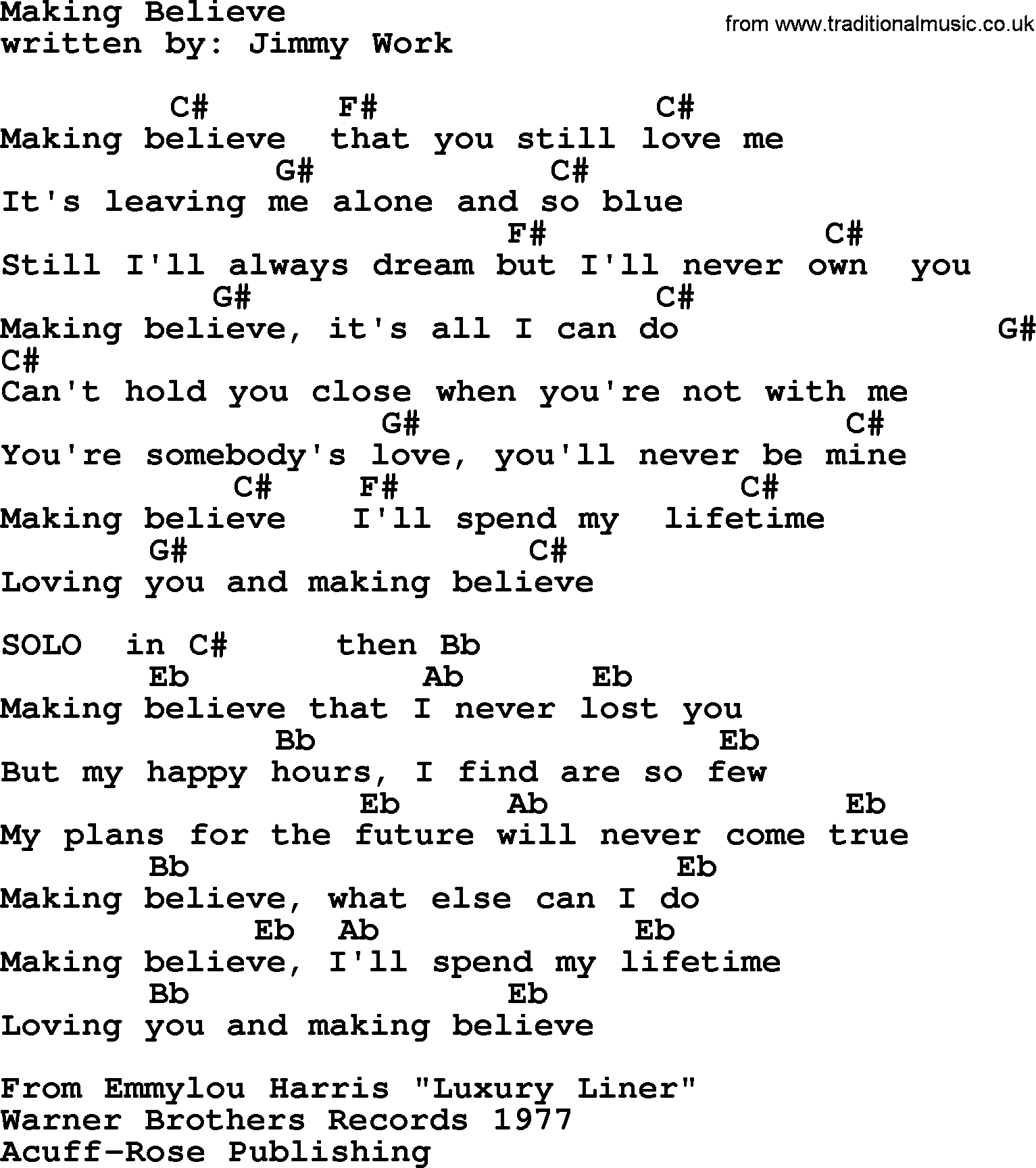 Emmylou Harris song: Making Believe lyrics and chords