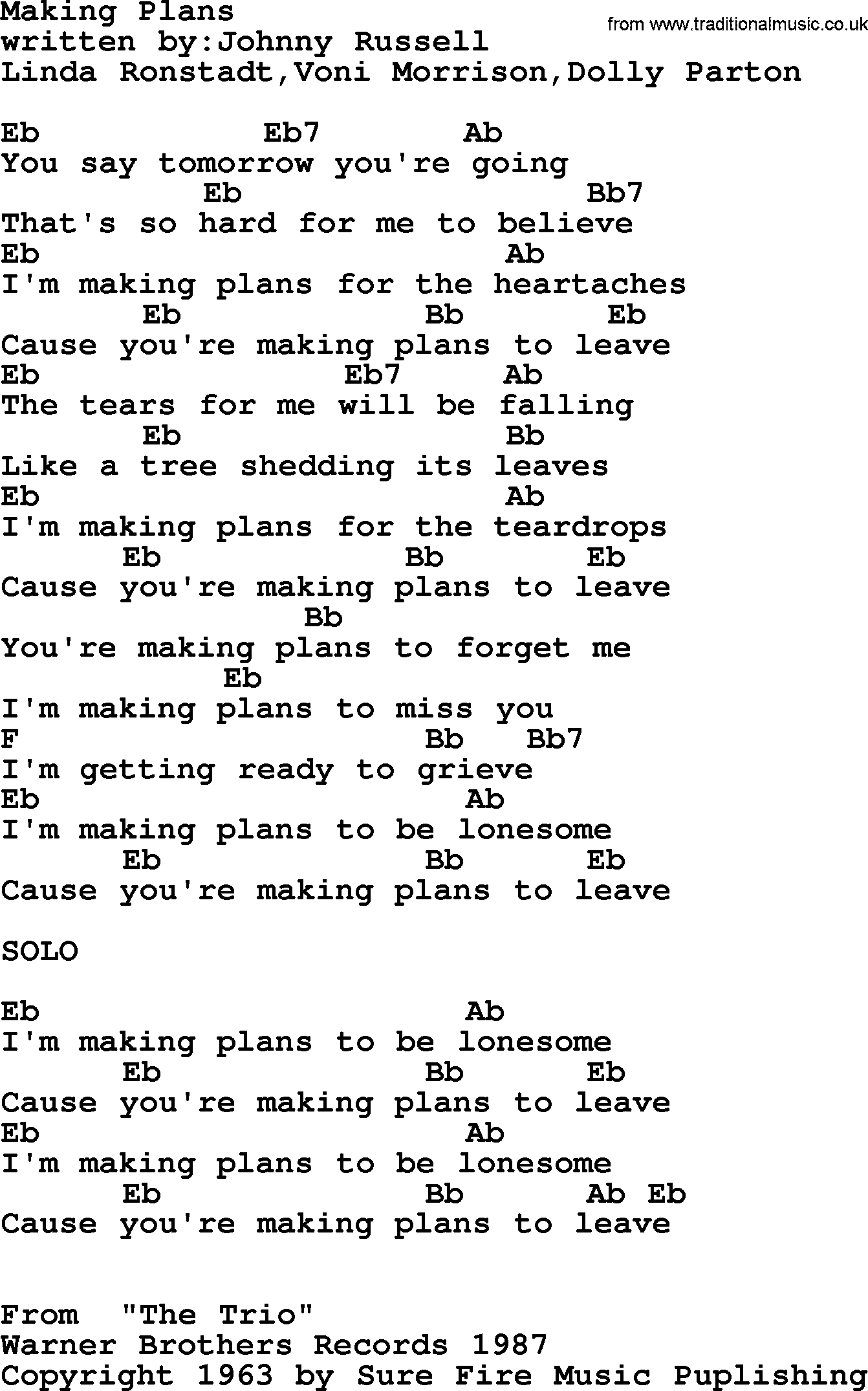 Emmylou Harris song: Making Plans lyrics and chords