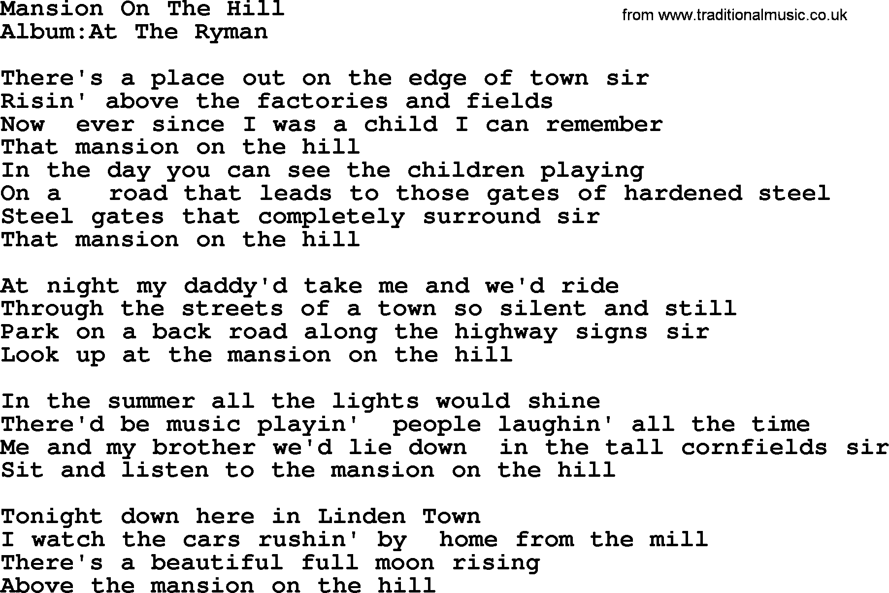 Emmylou Harris song: Mansion On The Hill lyrics
