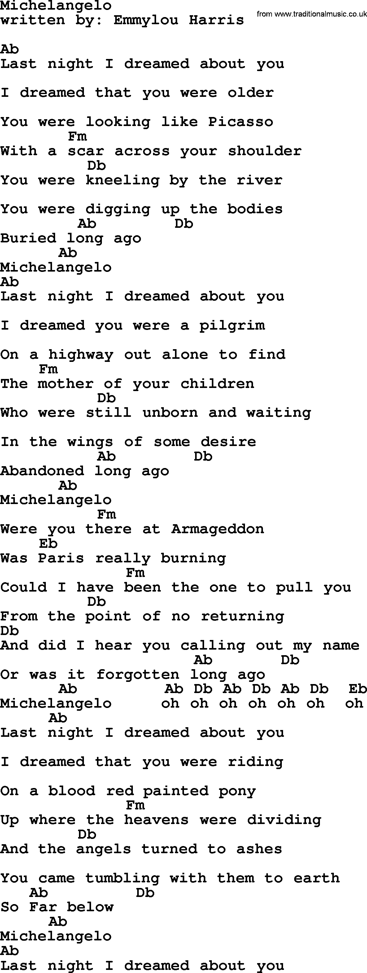 Emmylou Harris song: Michelangelo lyrics and chords