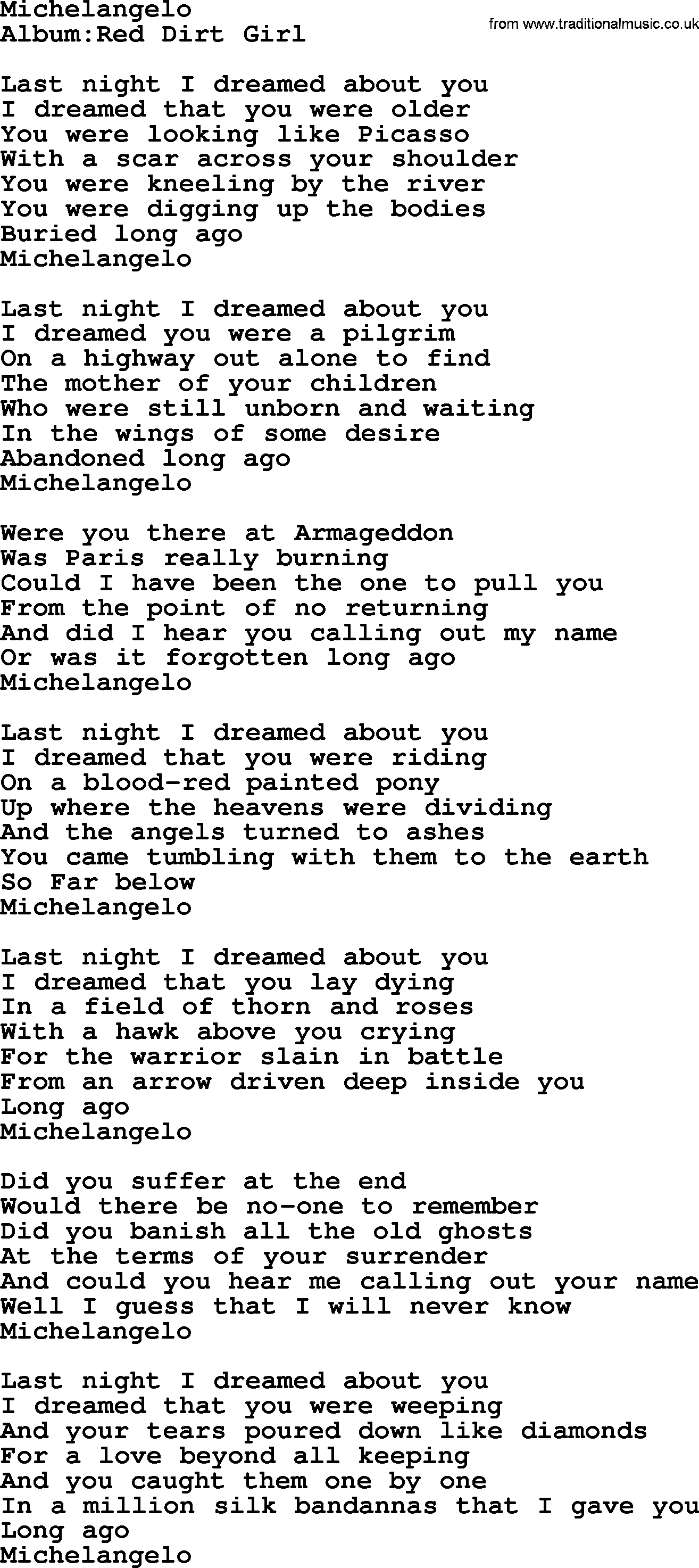 Emmylou Harris song: Michelangelo lyrics