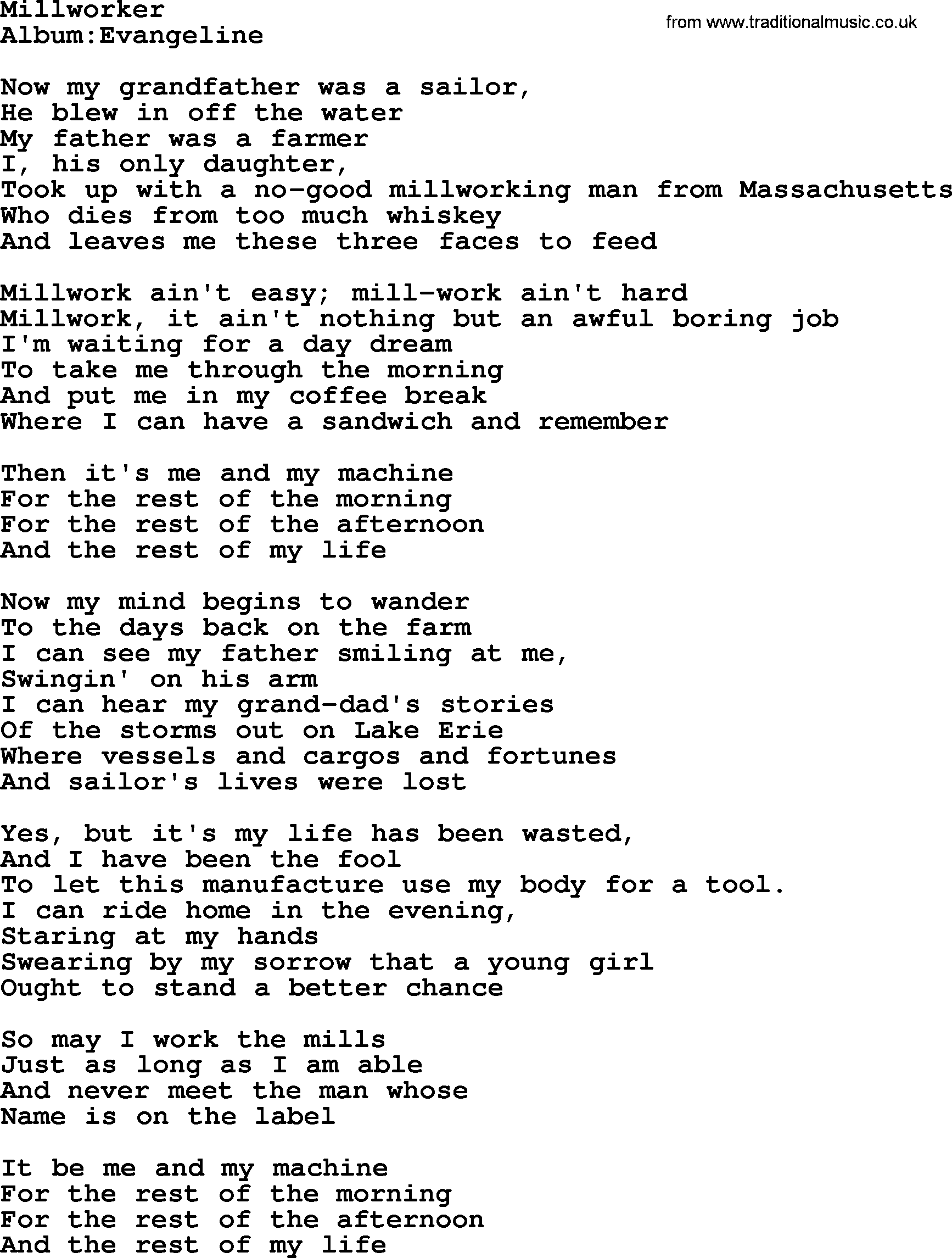 Emmylou Harris song: Millworker lyrics