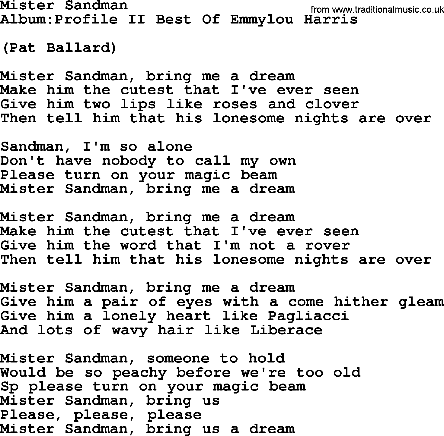 Emmylou Harris song: Mister Sandman lyrics