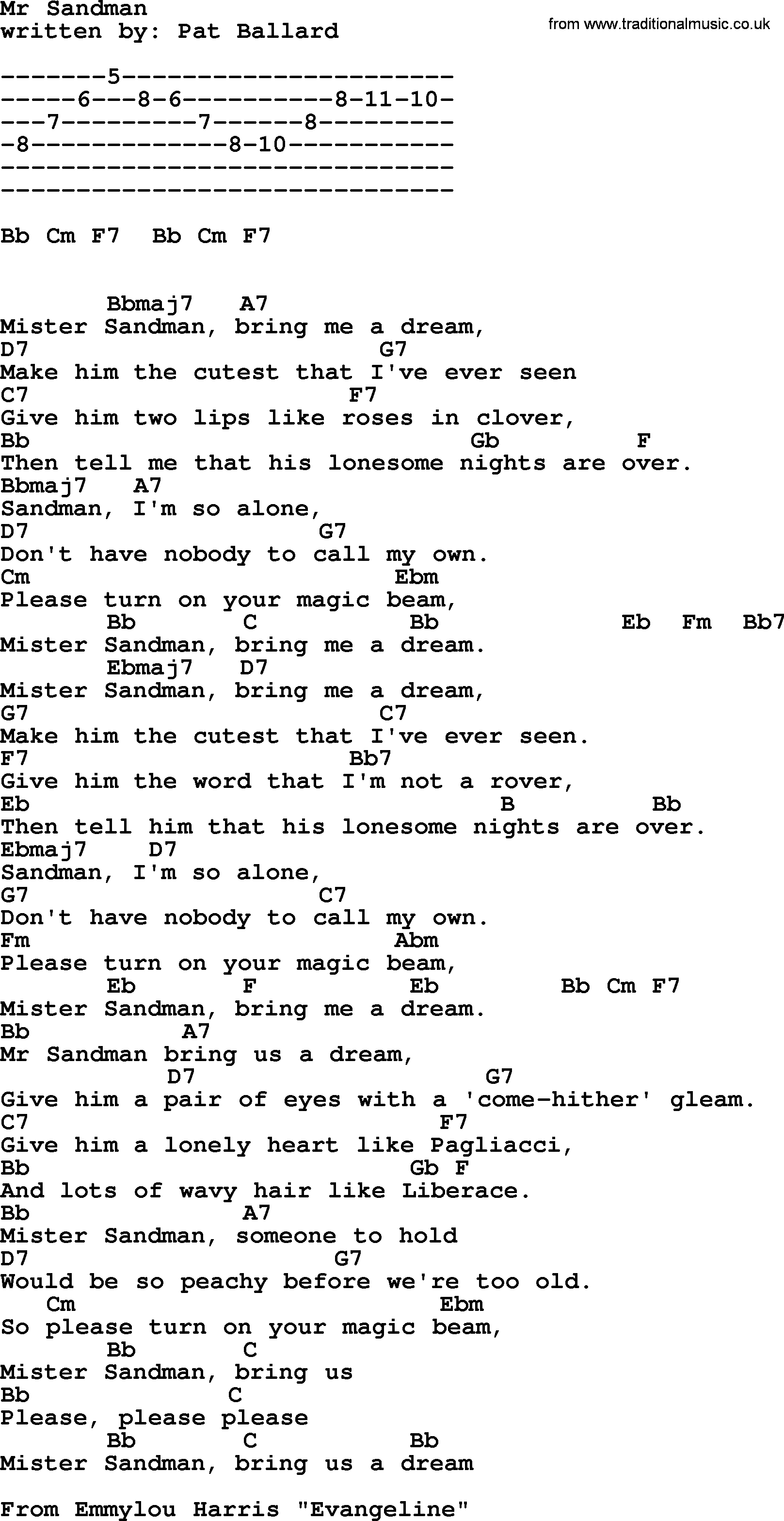 Emmylou Harris song: Mr Sandman lyrics and chords