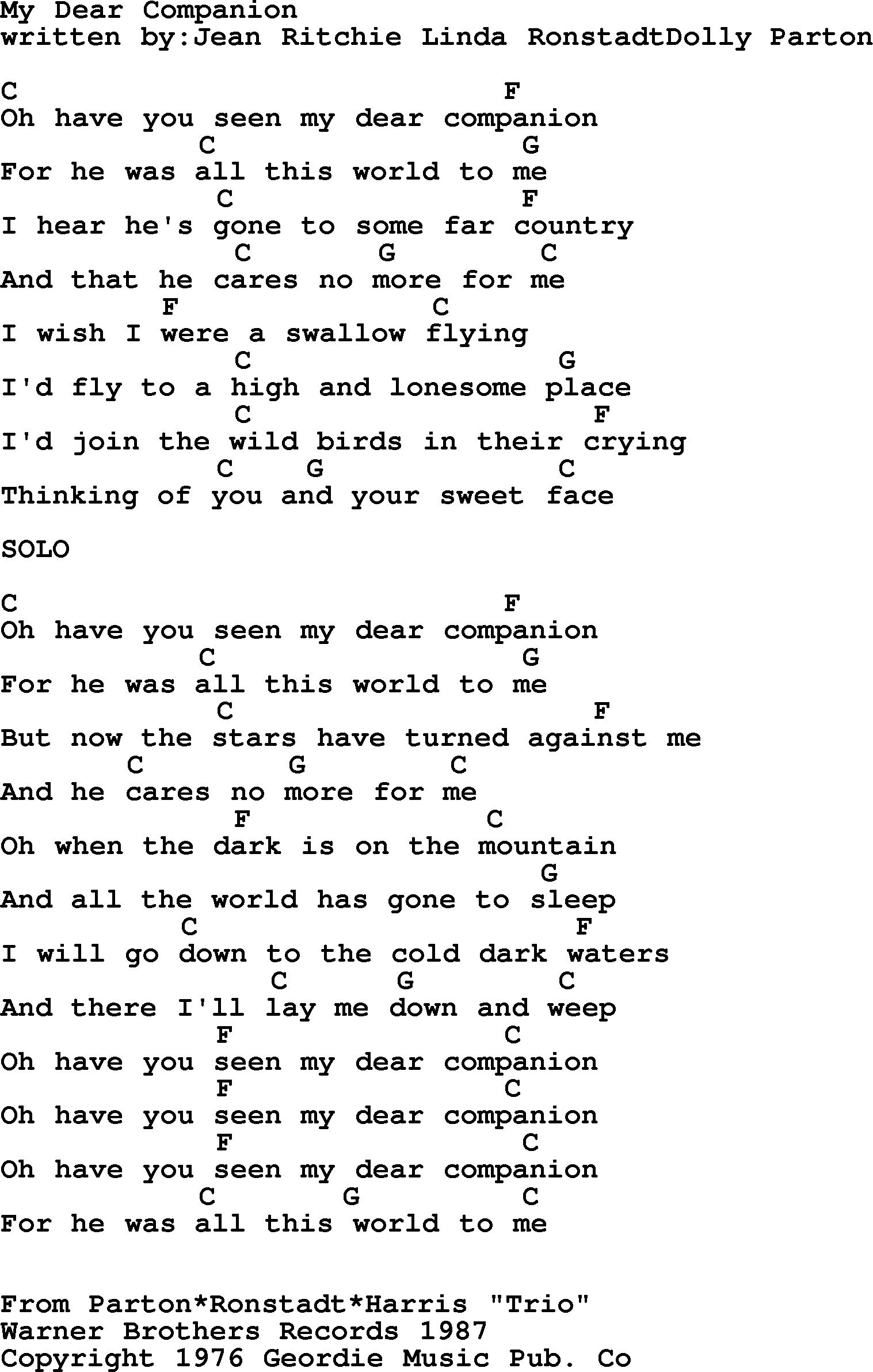 Emmylou Harris song: My Dear Companion lyrics and chords