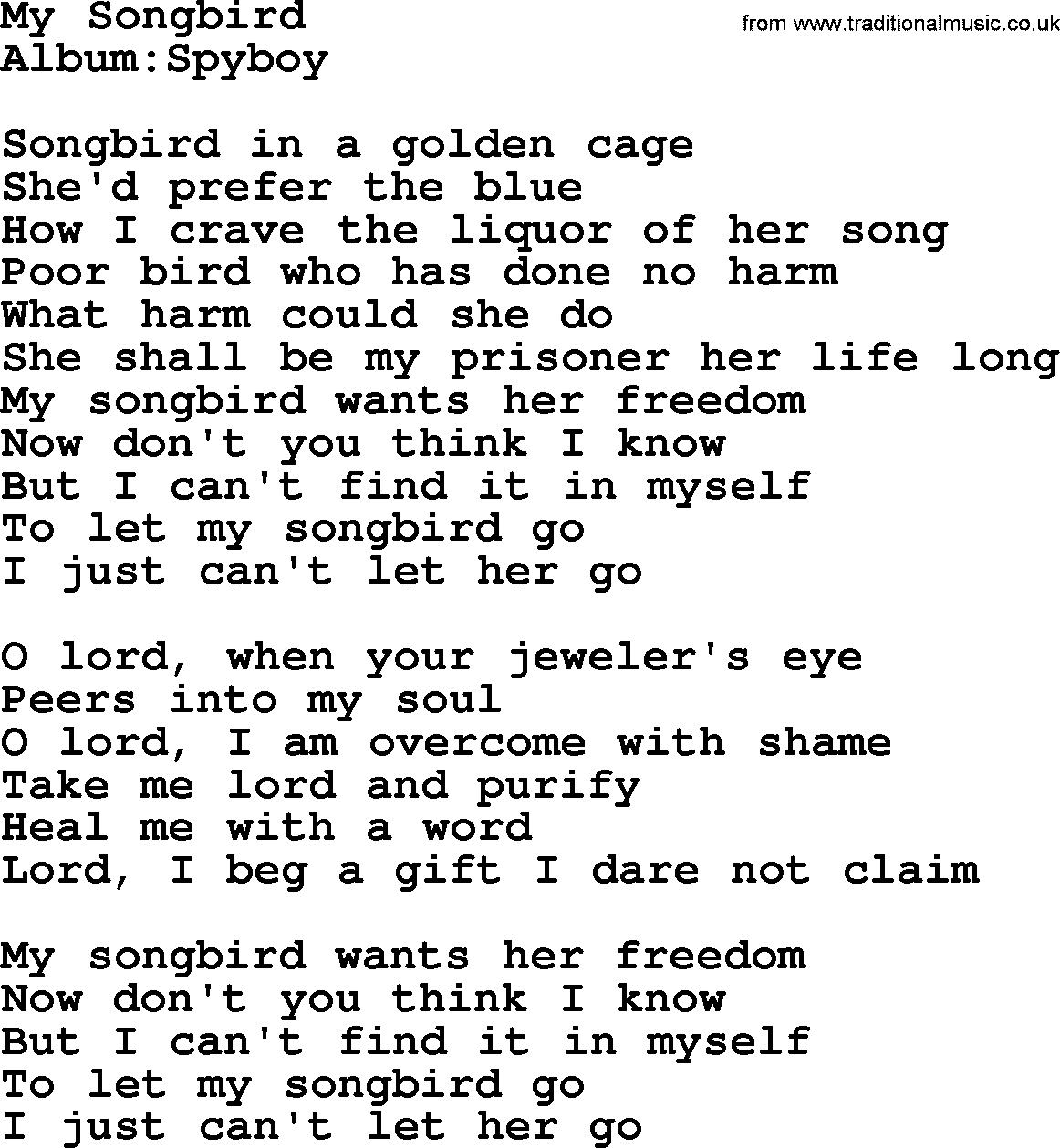 Emmylou Harris song: My Songbird lyrics