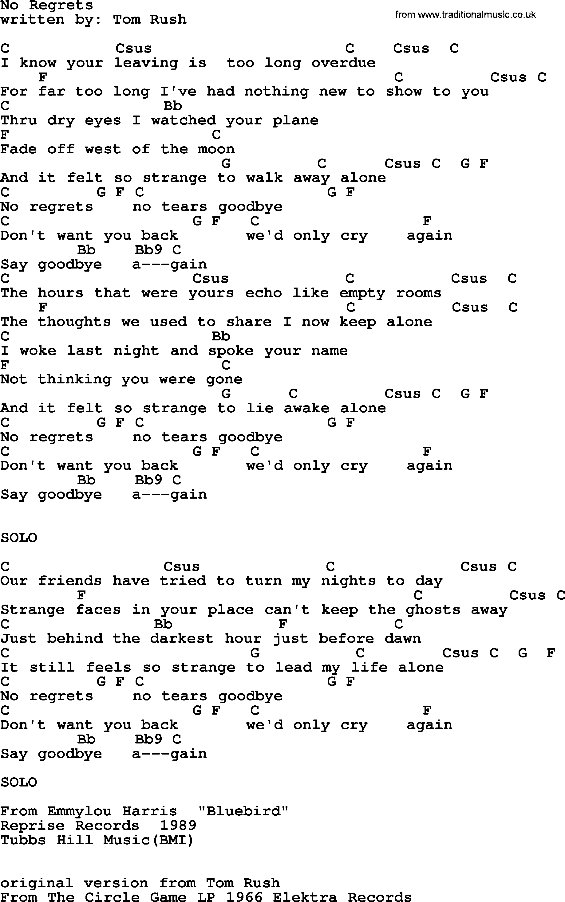 Emmylou Harris song: No Regrets lyrics and chords