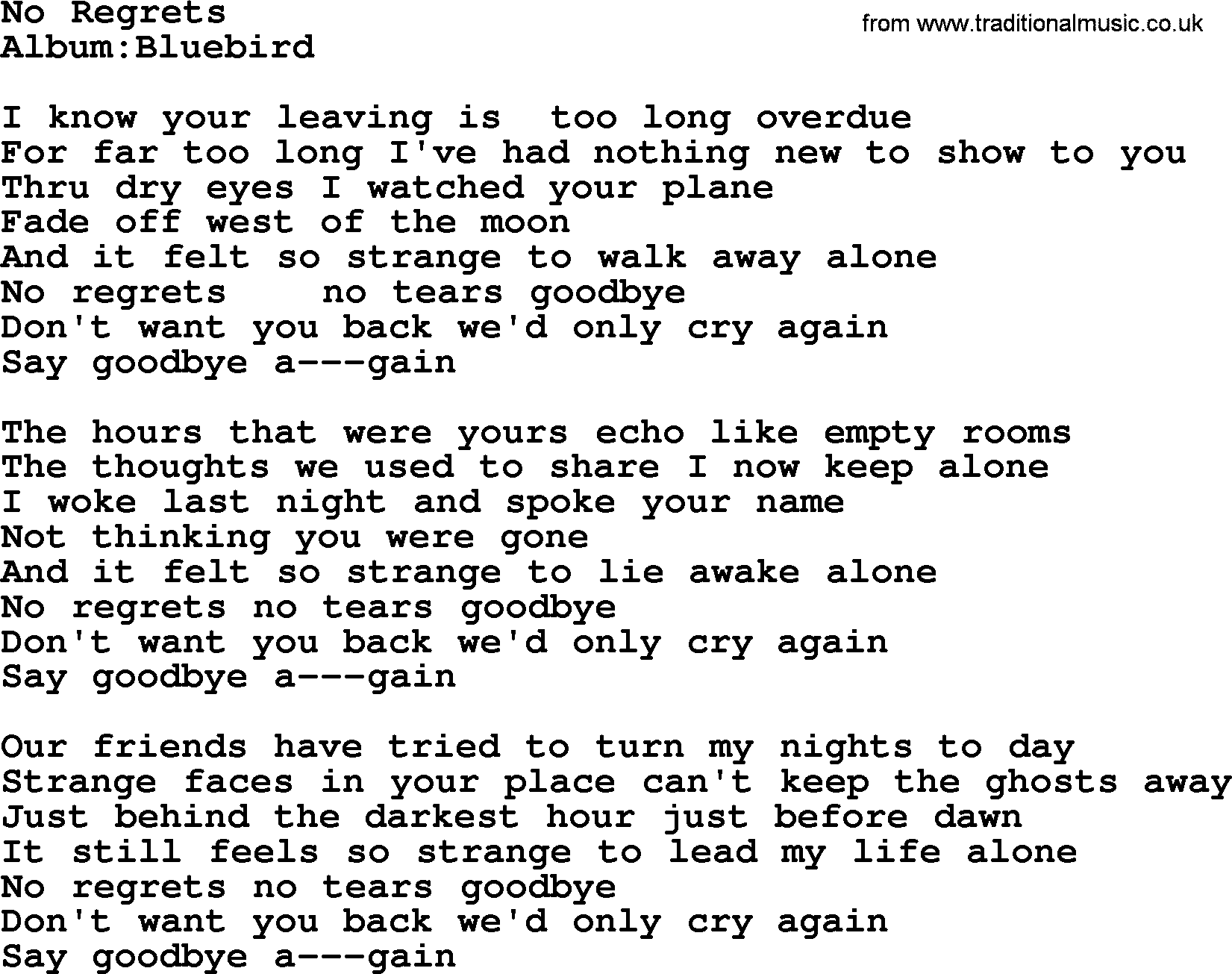 Emmylou Harris song: No Regrets lyrics
