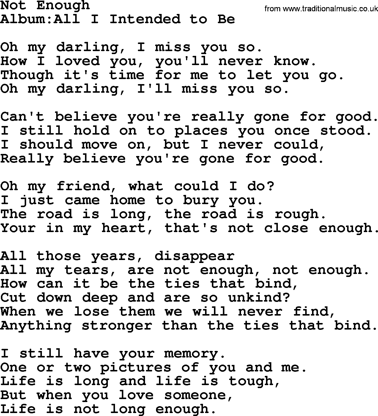 Emmylou Harris song: Not Enough lyrics