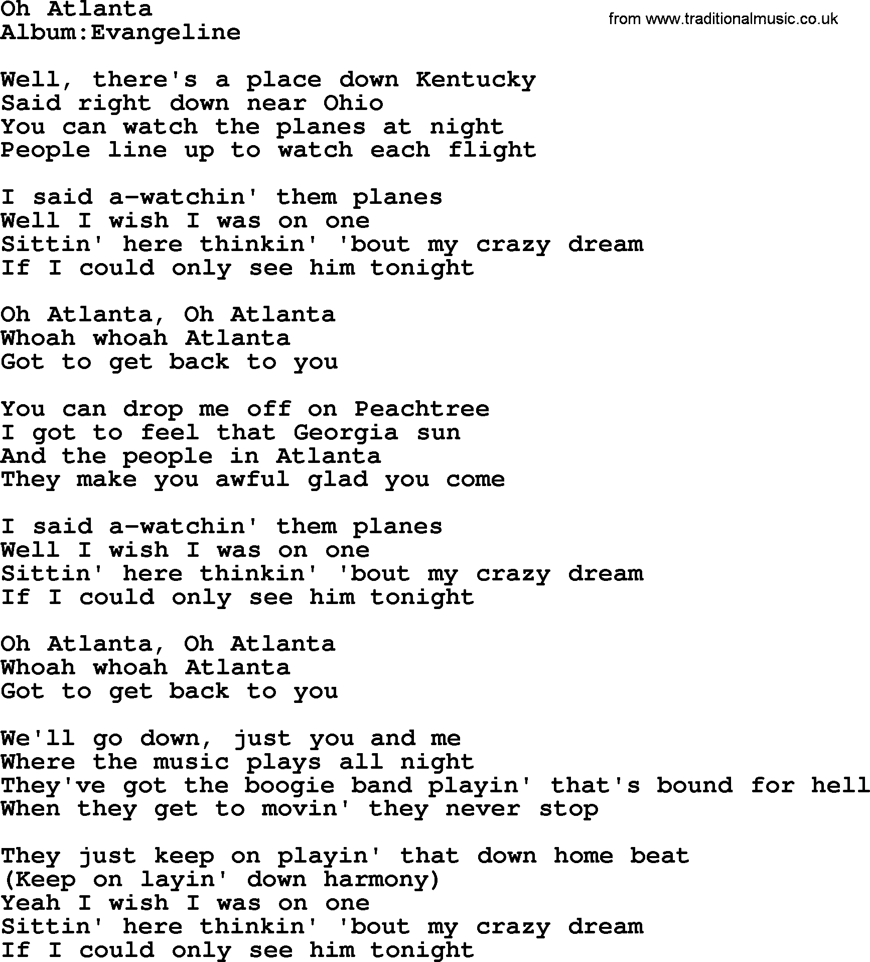 Emmylou Harris song: Oh Atlanta lyrics