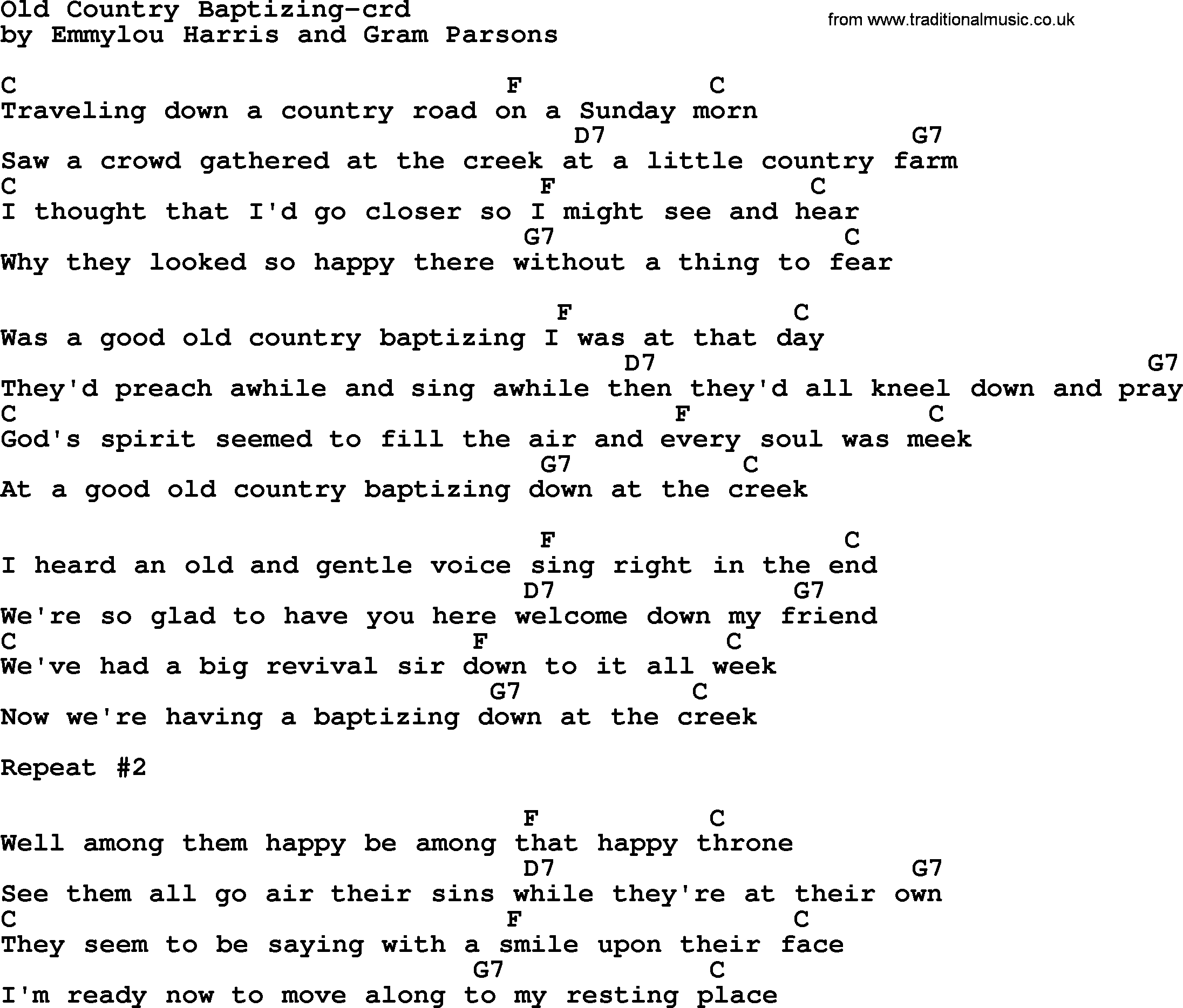 Emmylou Harris song: Old Country Baptizing lyrics and chords