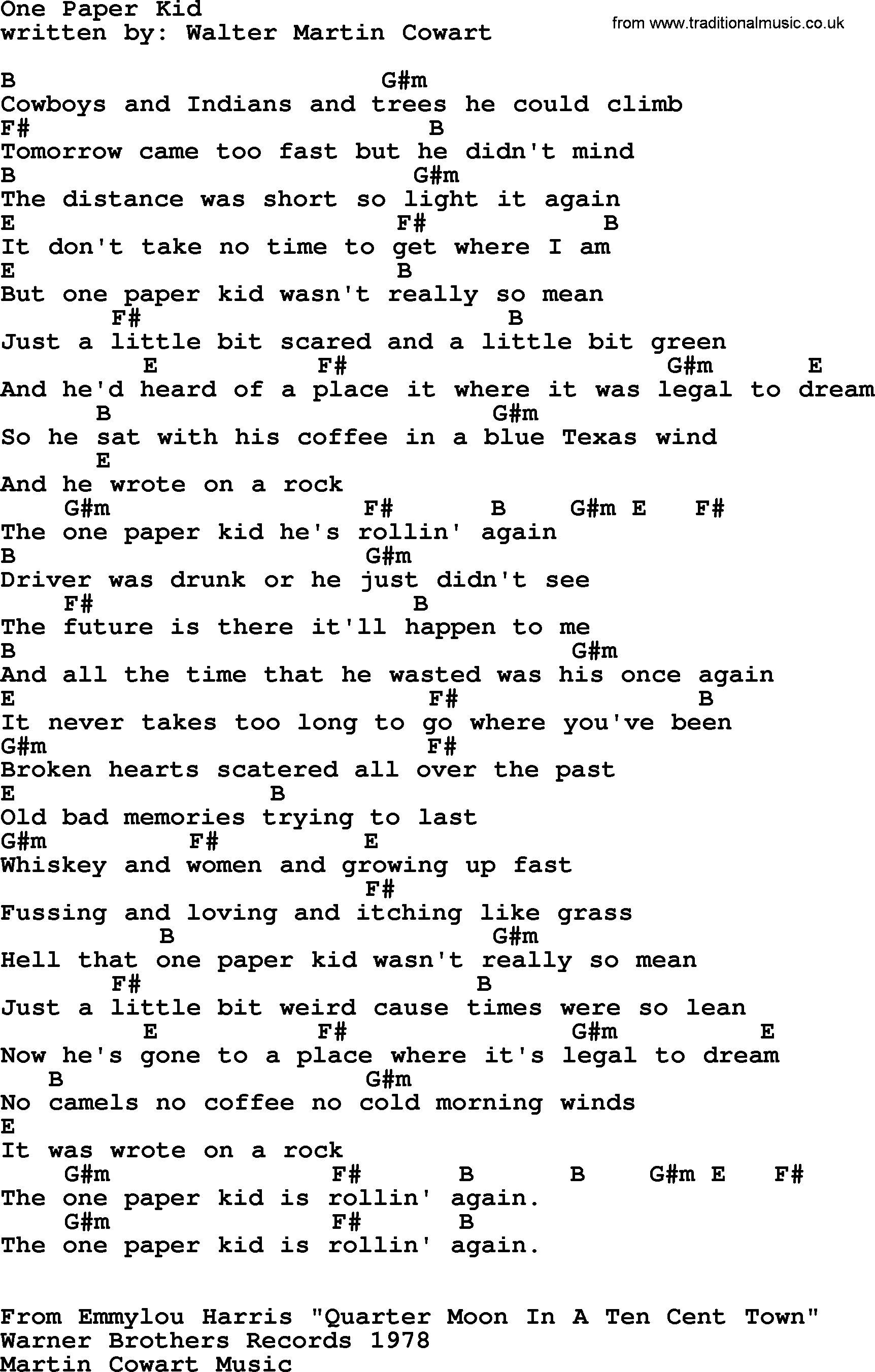 Emmylou Harris song: One Paper Kid lyrics and chords