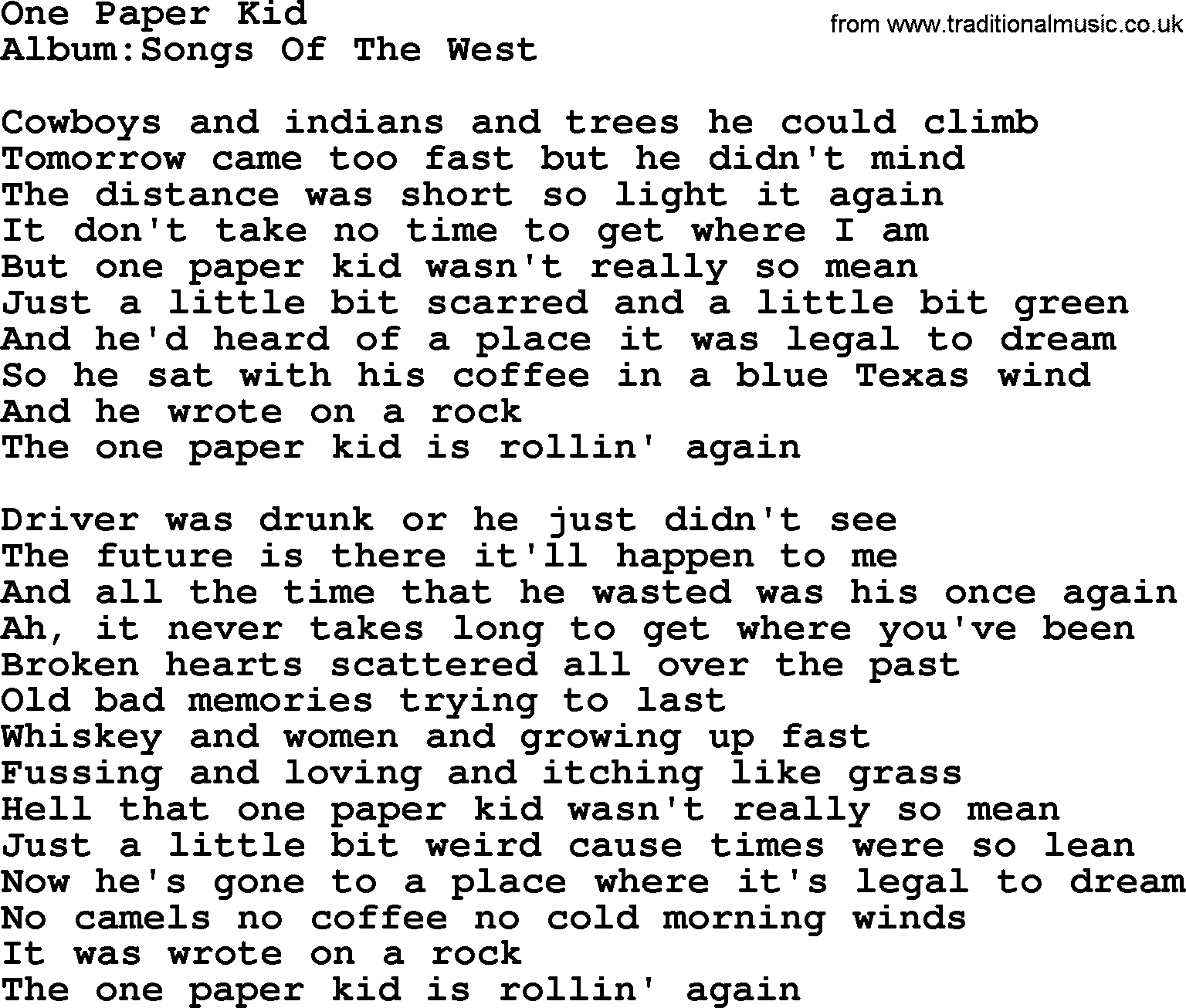 Emmylou Harris song: One Paper Kid lyrics