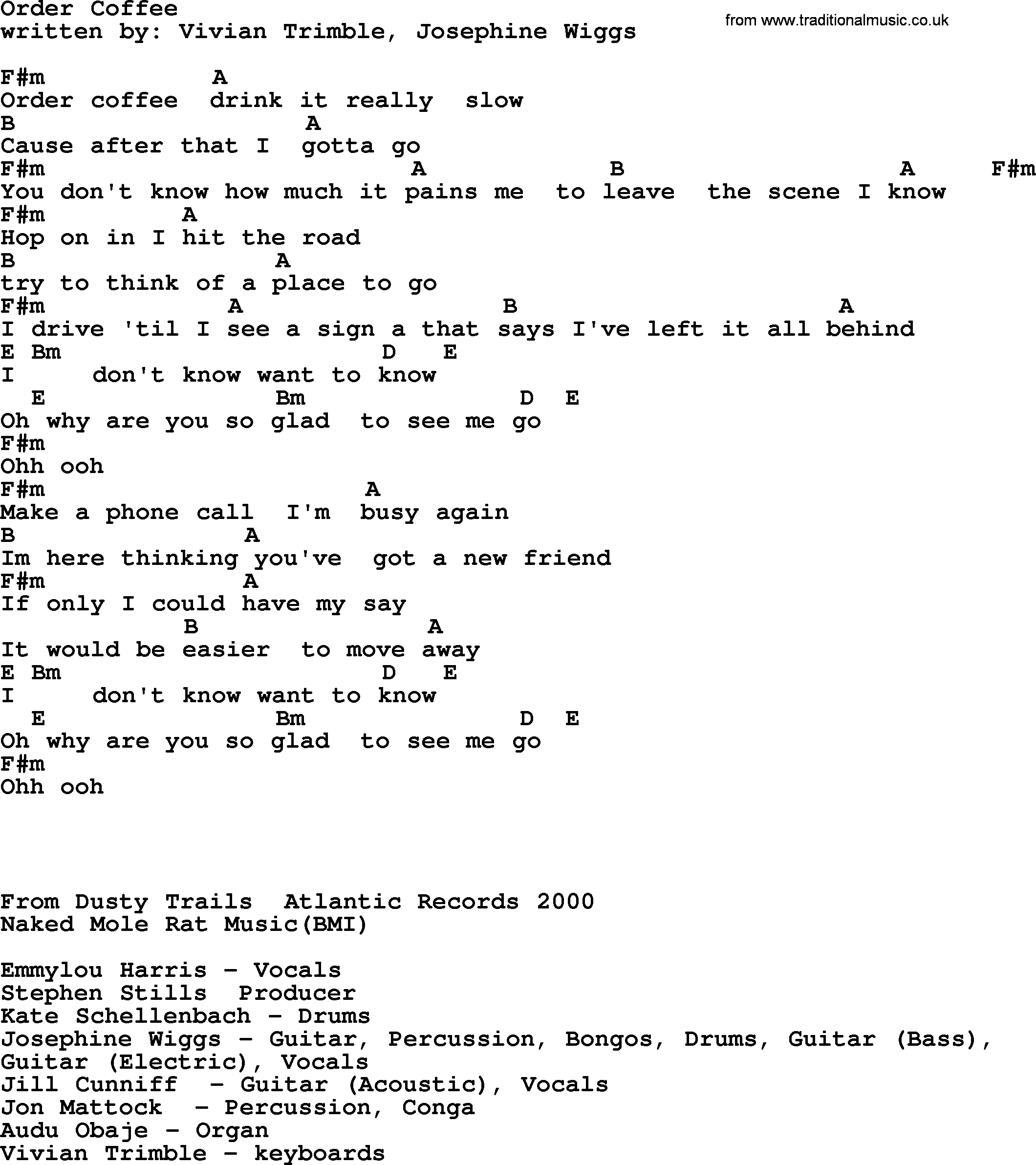 Emmylou Harris song: Order Coffee lyrics and chords
