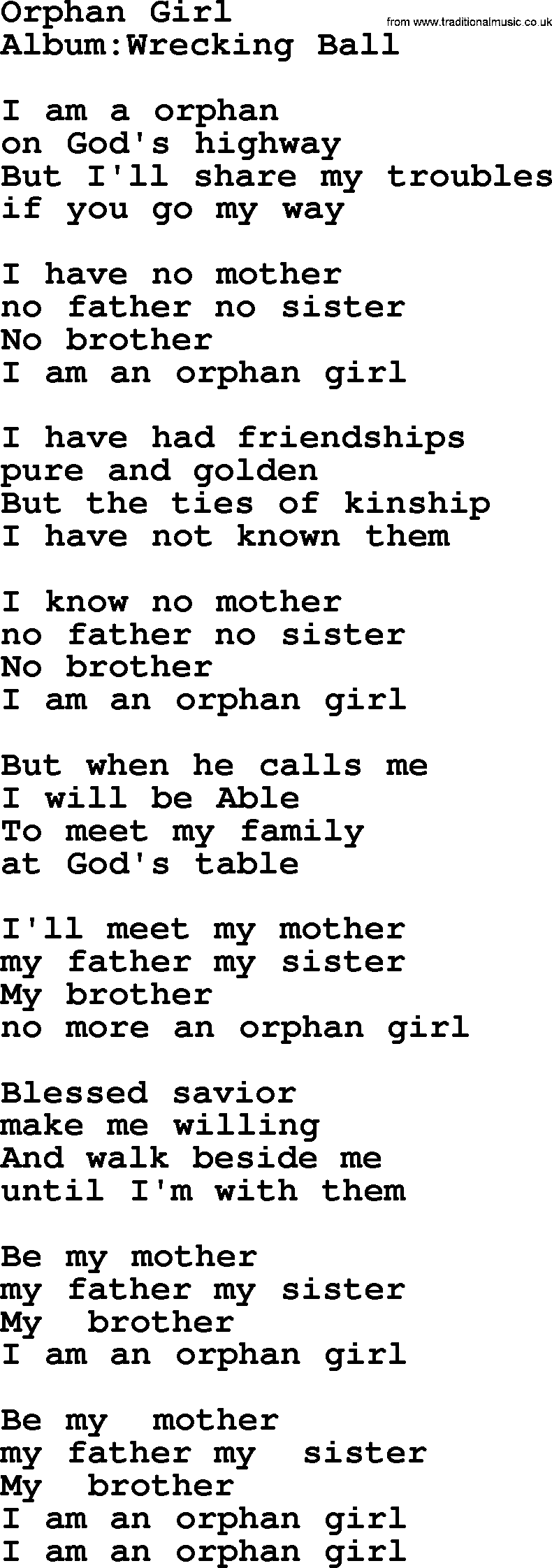 Emmylou Harris song: Orphan Girl lyrics