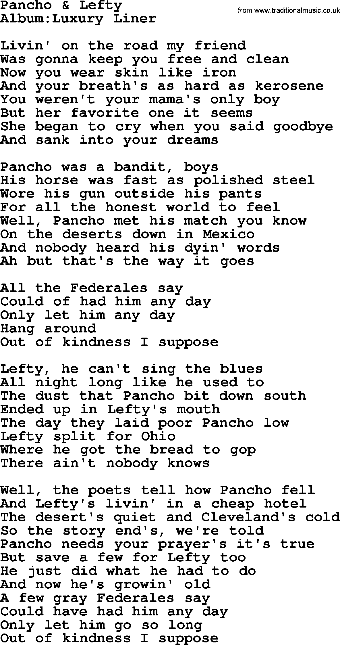 Emmylou Harris song: Pancho & Lefty lyrics