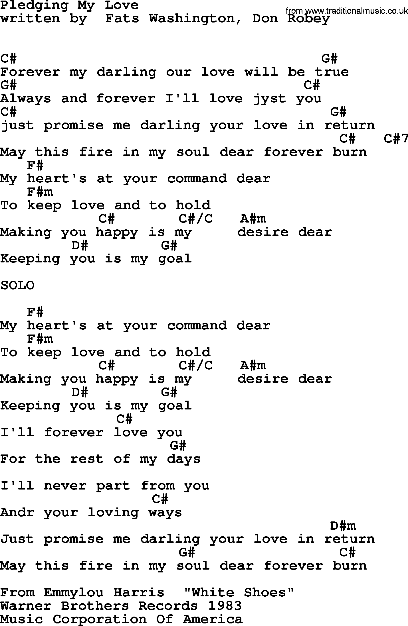 Emmylou Harris song: Pledging My Love lyrics and chords