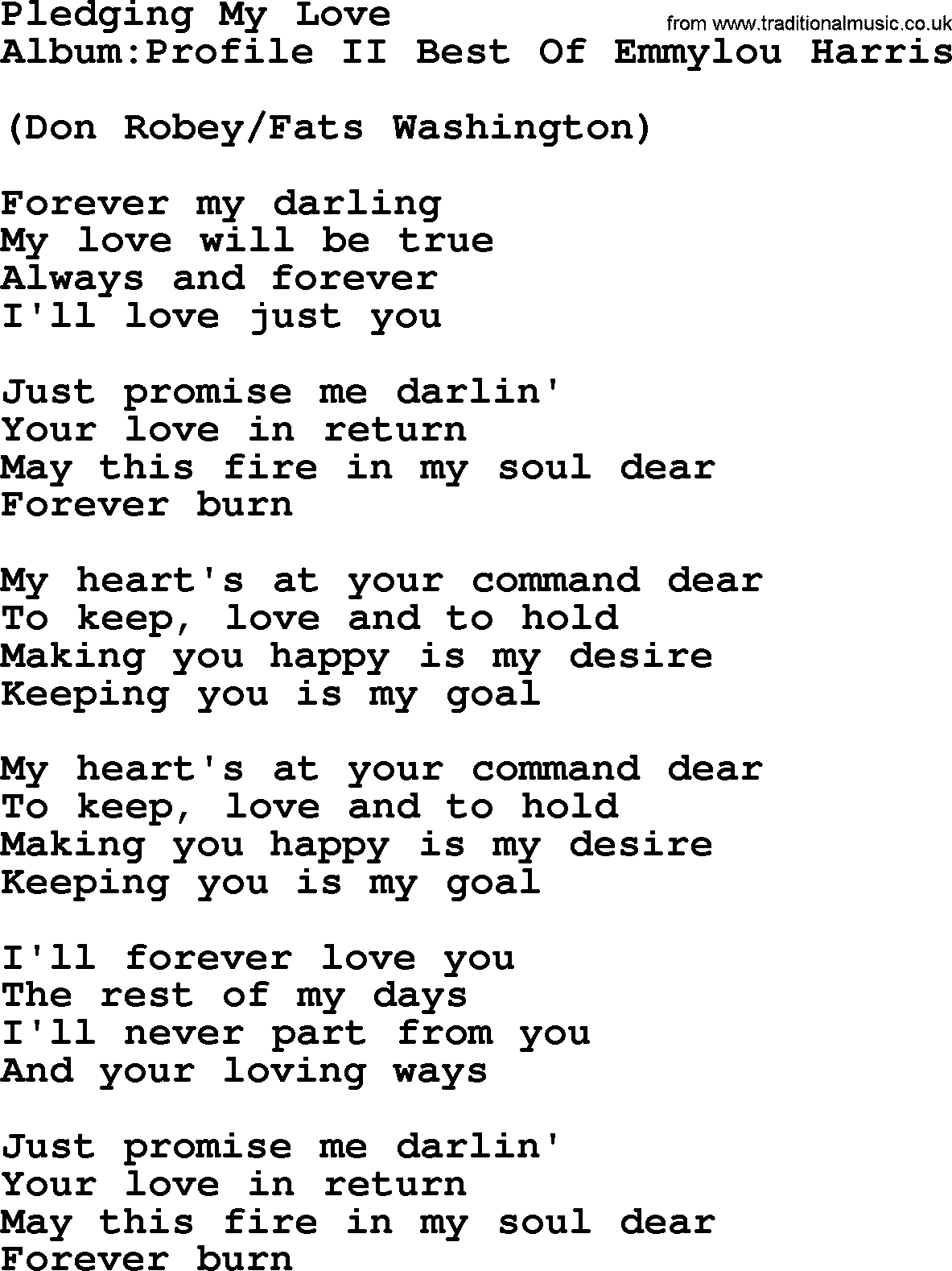 Emmylou Harris song: Pledging My Love lyrics