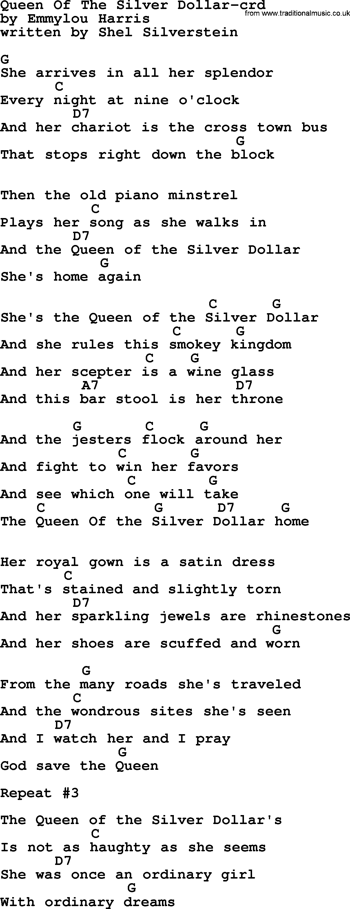 Emmylou Harris song: Queen Of The Silver Dollar lyrics and chords