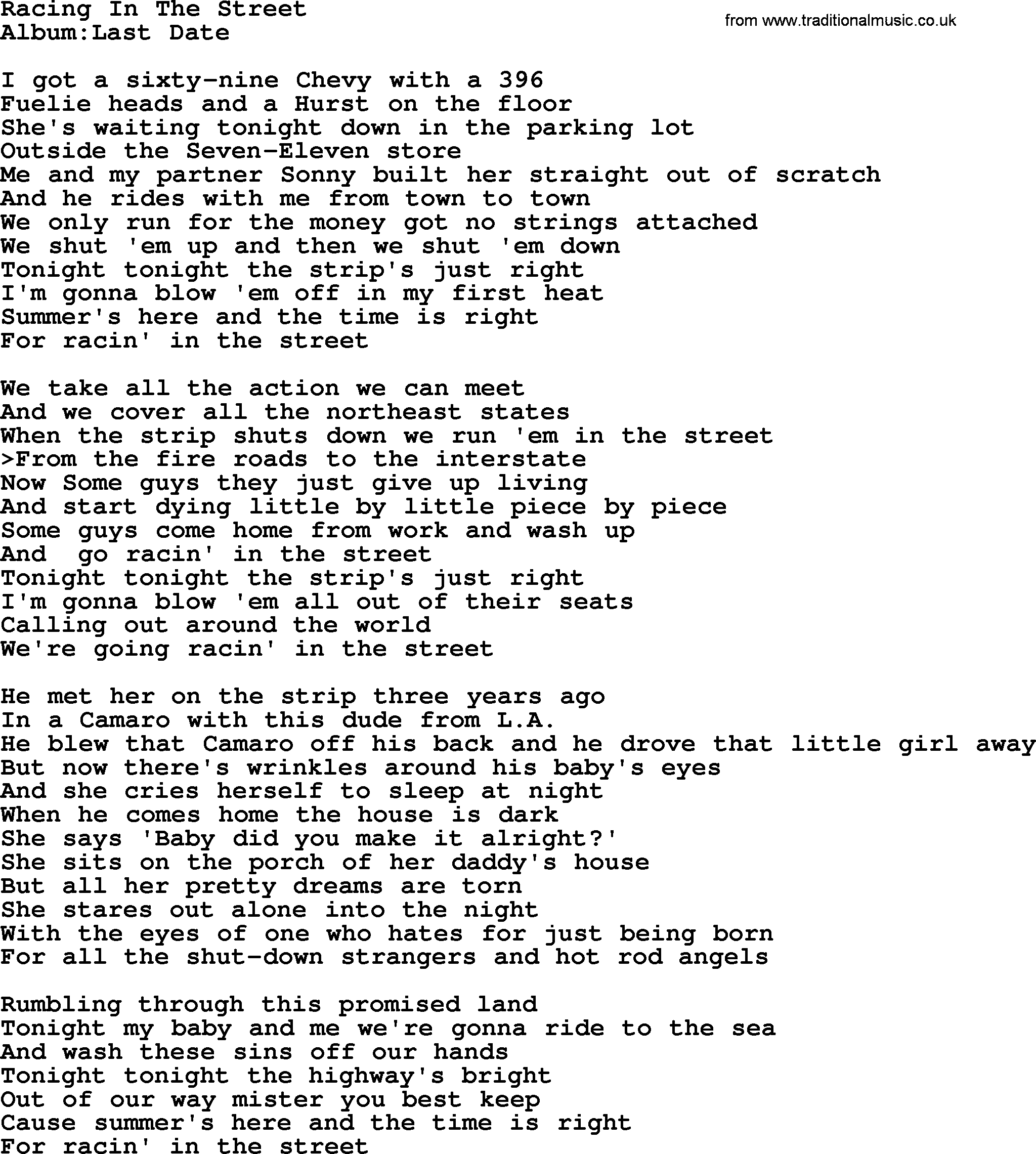 Emmylou Harris song: Racing In The Street lyrics