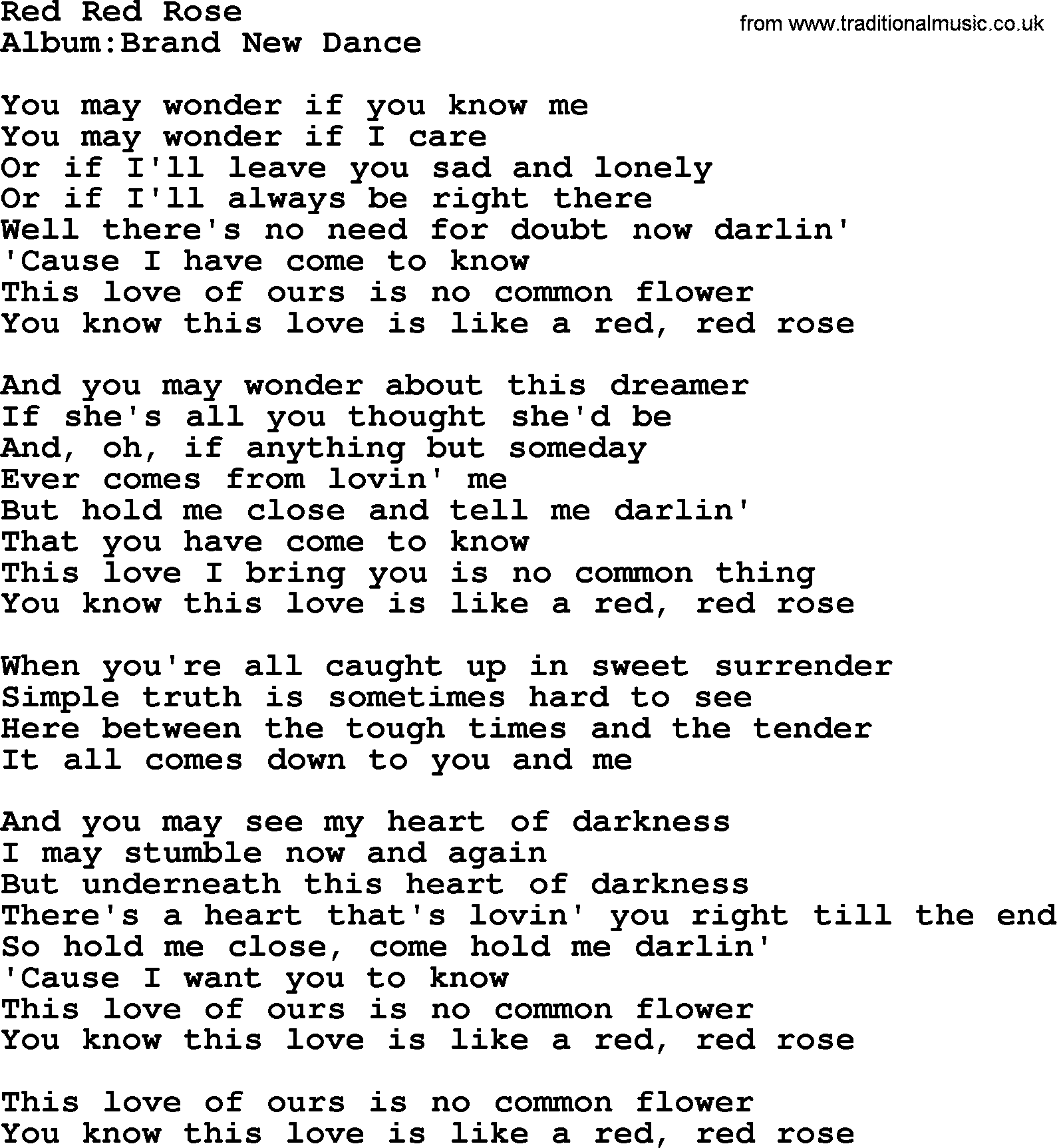 Emmylou Harris song: Red Red Rose lyrics