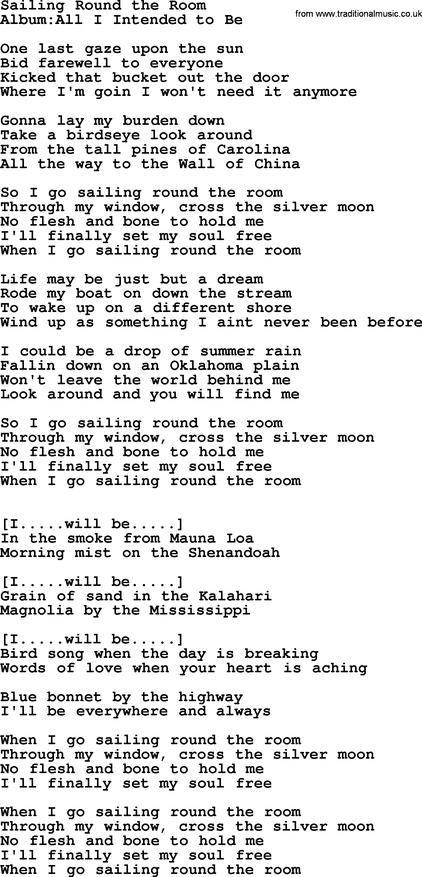 Emmylou Harris song: Sailing Round the Room lyrics