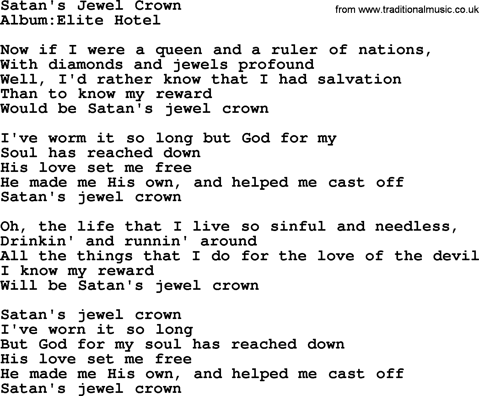 Emmylou Harris song: Satan's Jewel Crown lyrics