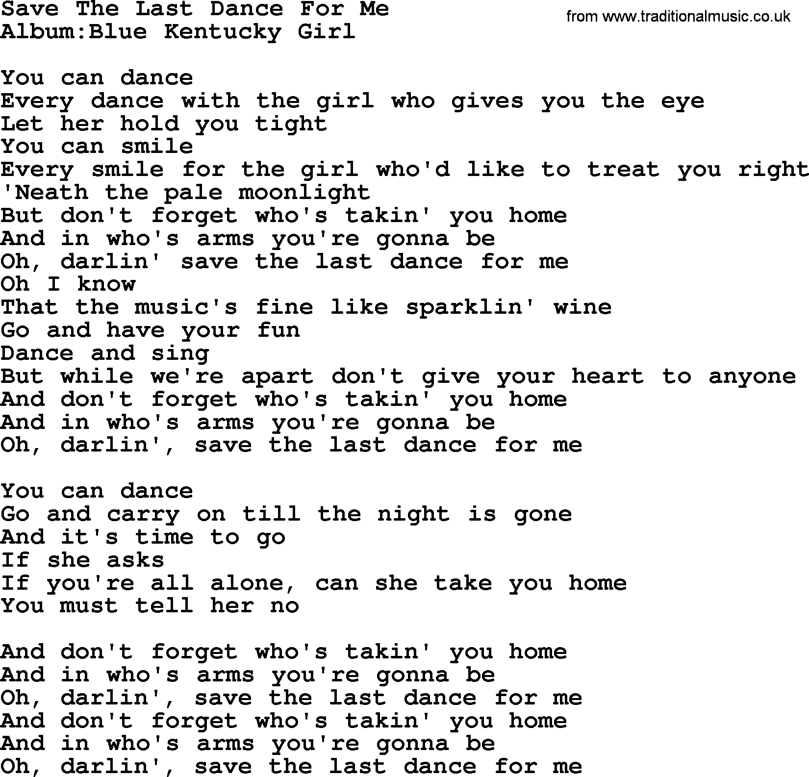Emmylou Harris song: Save The Last Dance For Me lyrics