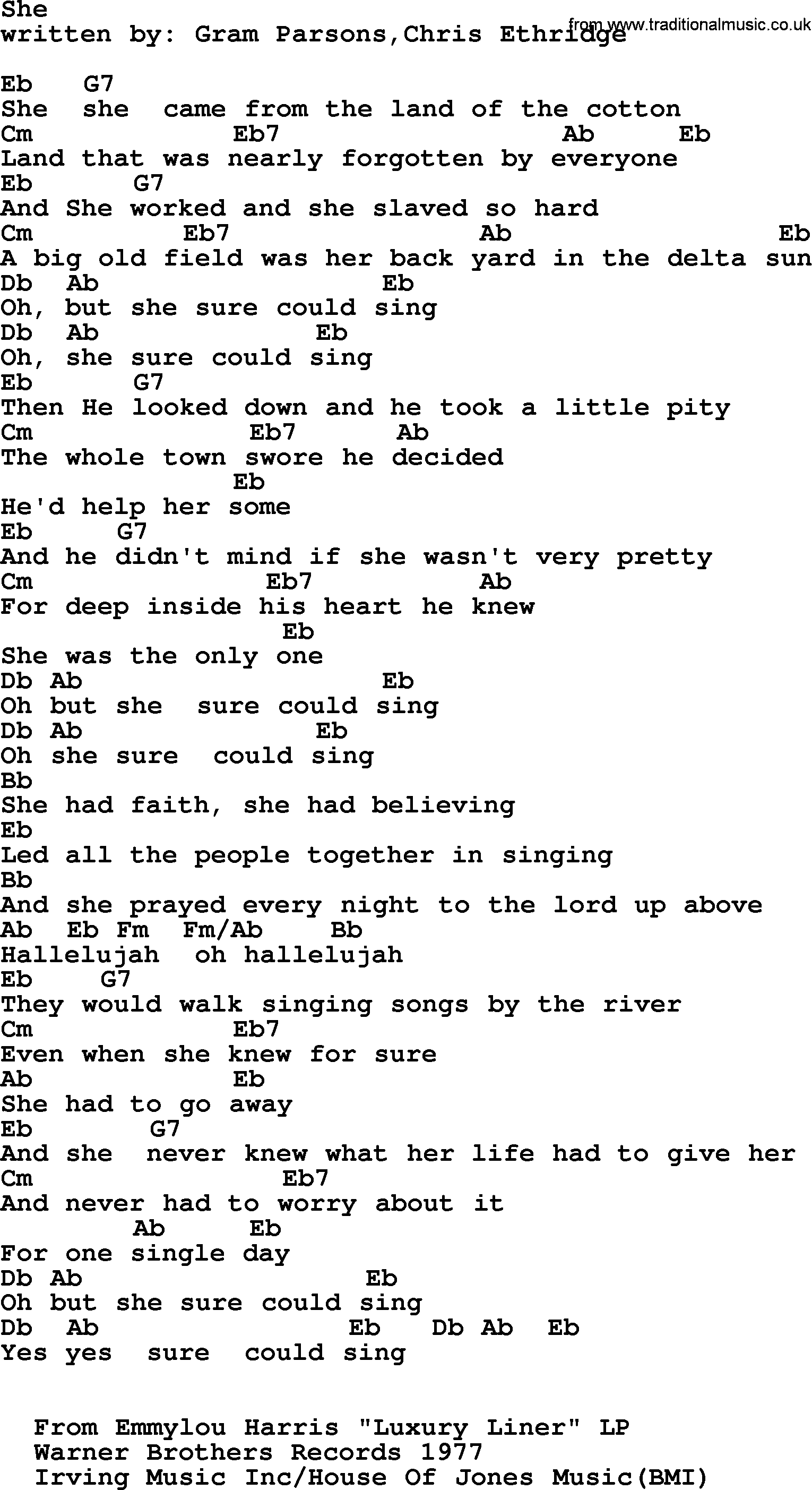 Emmylou Harris song: She lyrics and chords