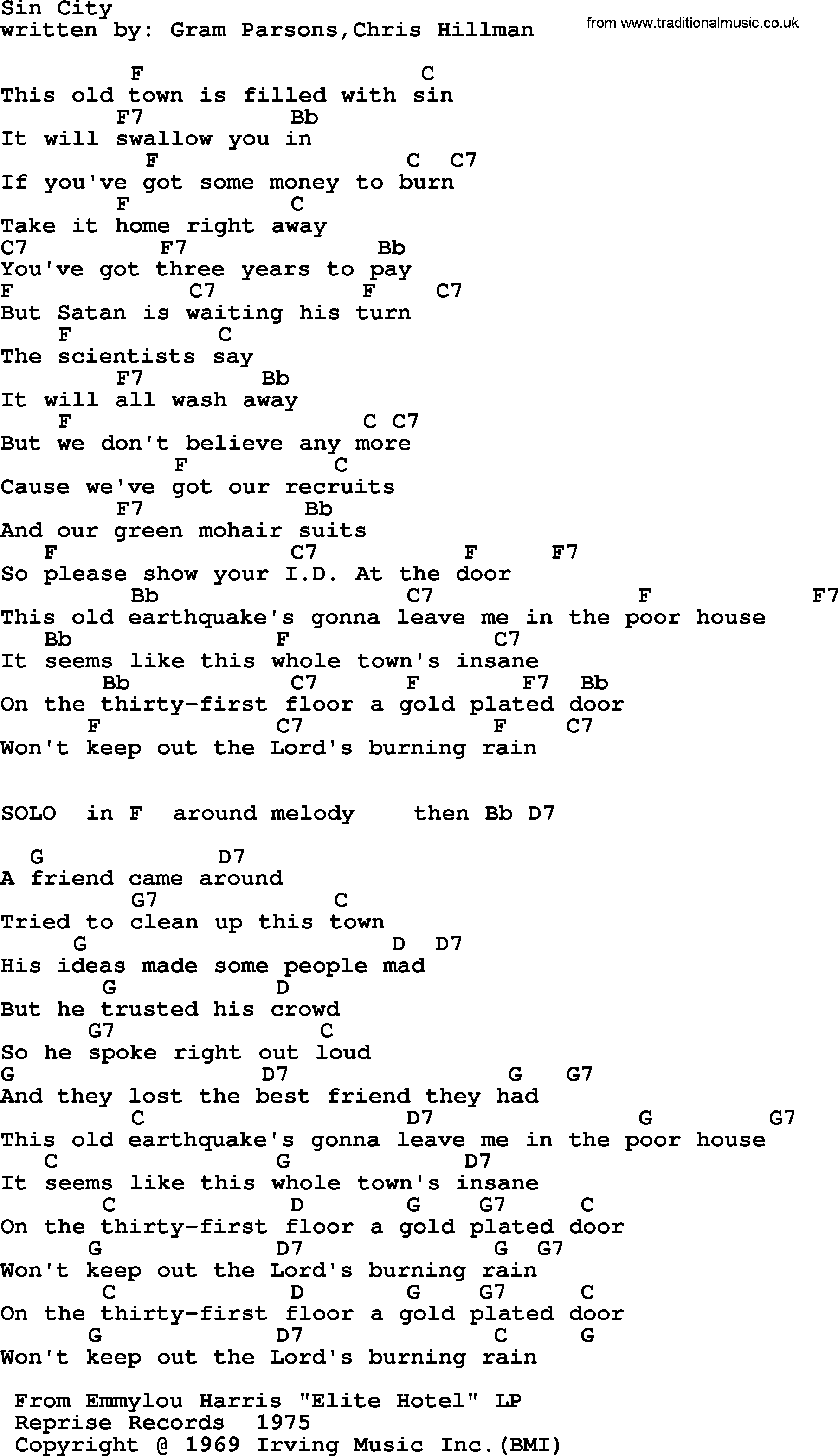 Emmylou Harris song: Sin City lyrics and chords