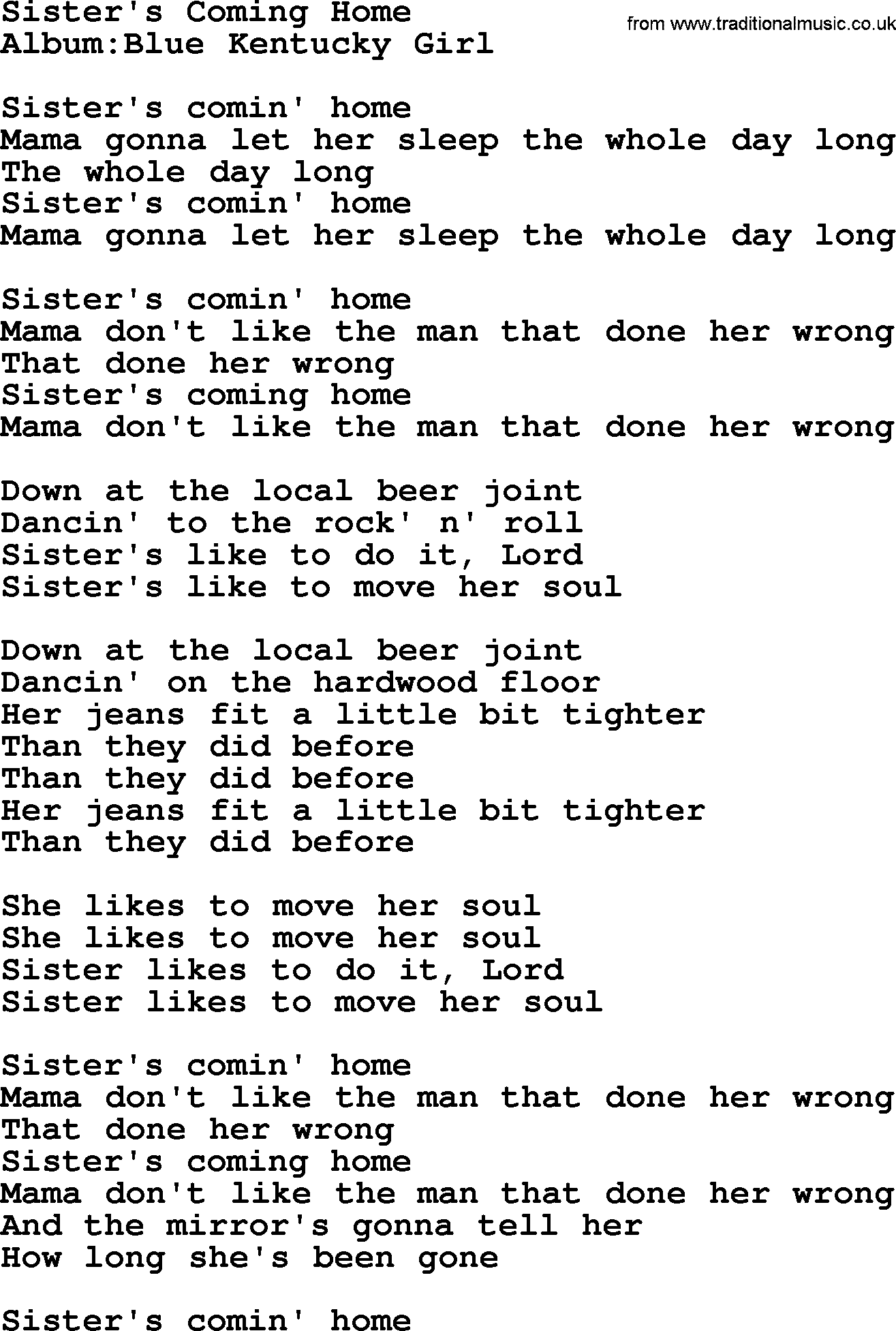 Emmylou Harris song: Sister's Coming Home lyrics