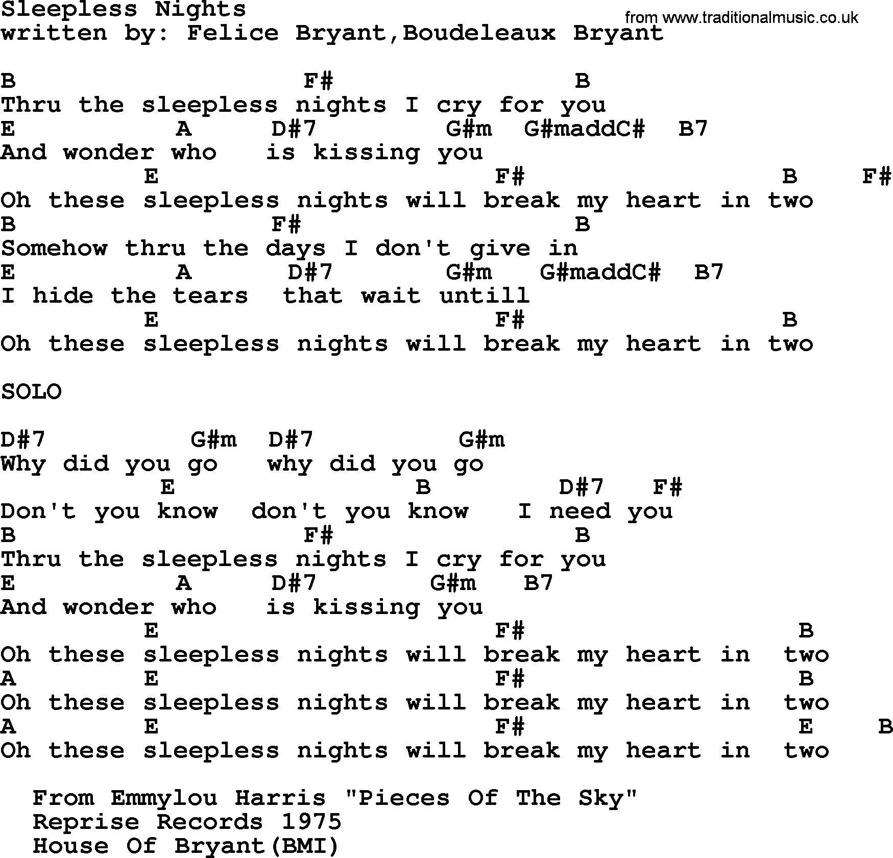 Emmylou Harris song: Sleepless Nights lyrics and chords