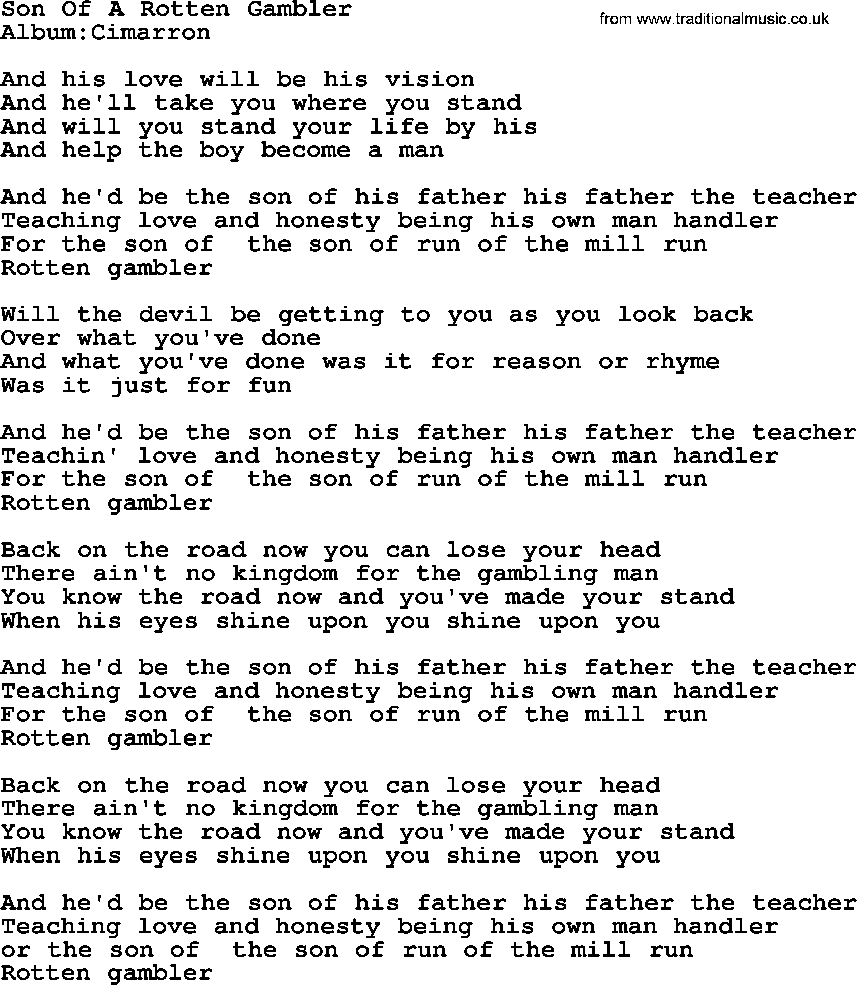 Emmylou Harris song: Son Of A Rotten Gambler lyrics
