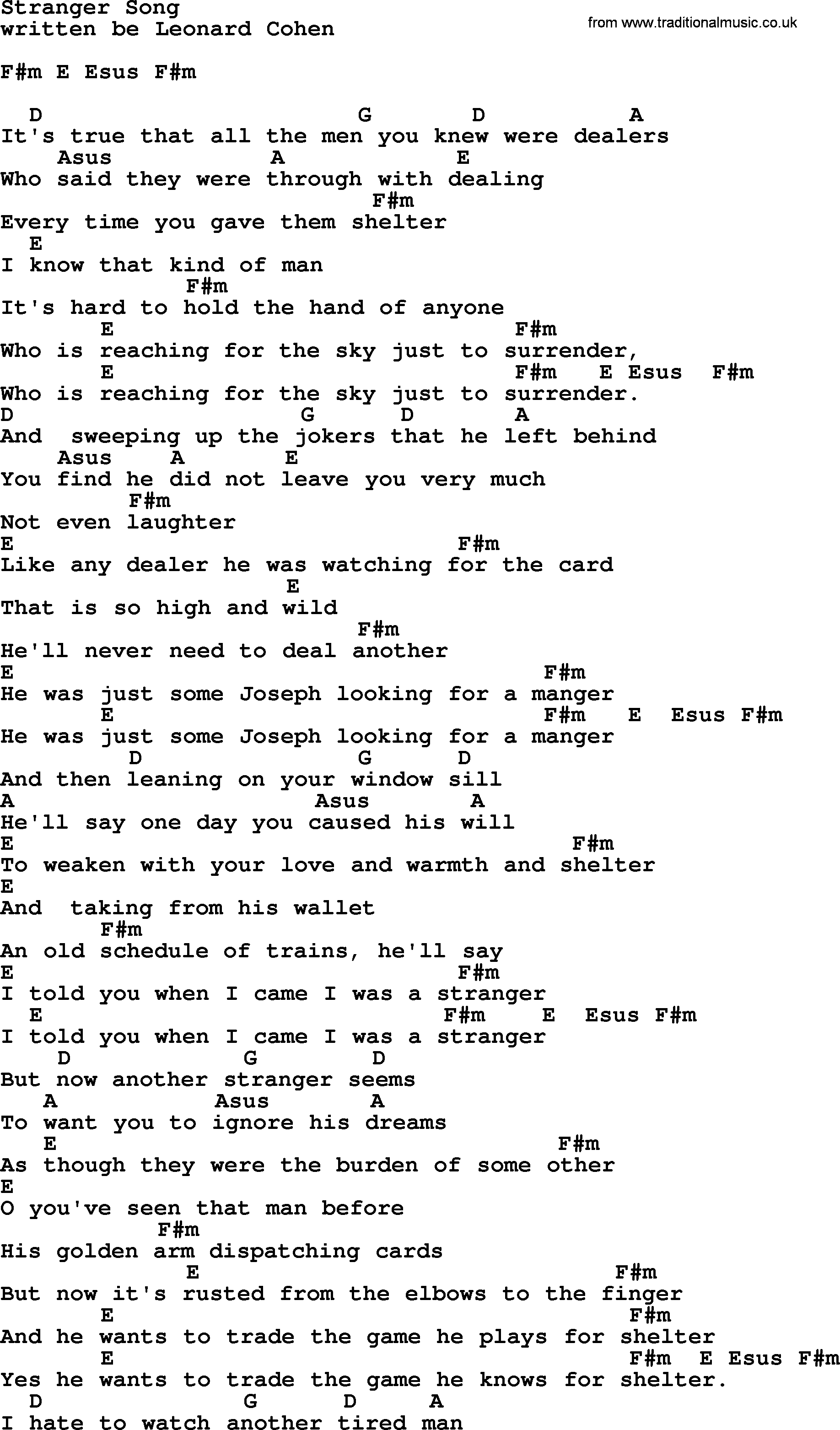 Emmylou Harris song: Stranger Song lyrics and chords
