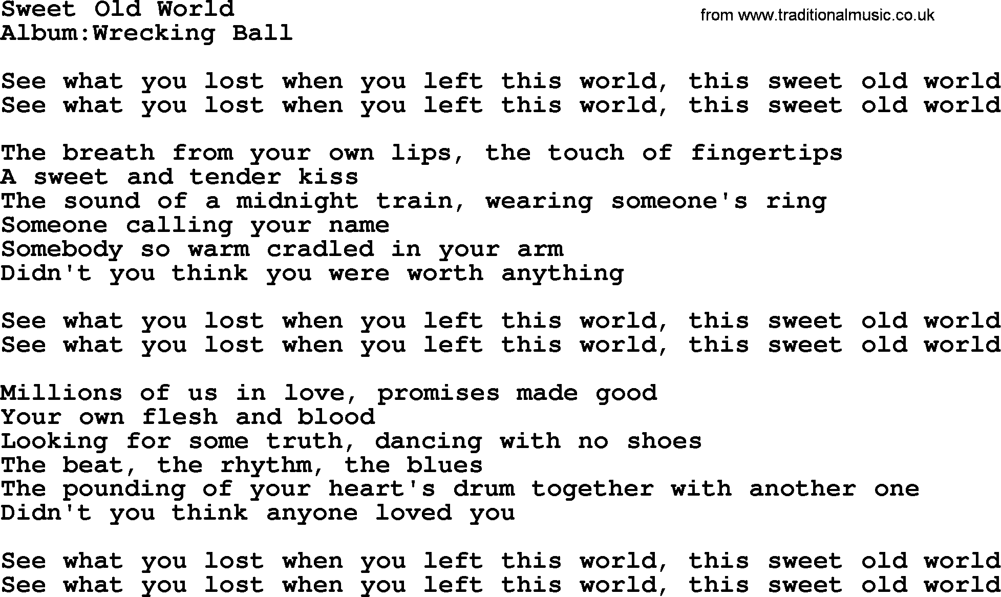 Emmylou Harris song: Sweet Old World lyrics