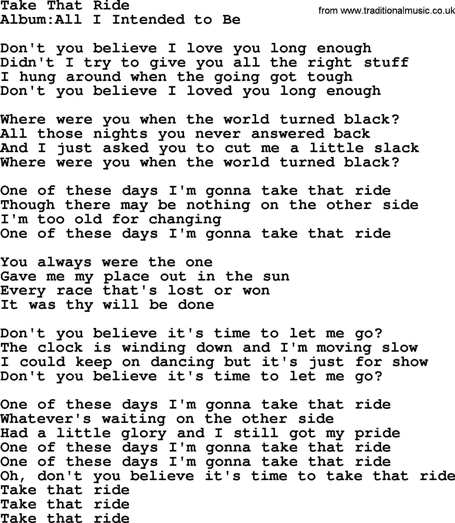 Emmylou Harris song: Take That Ride lyrics