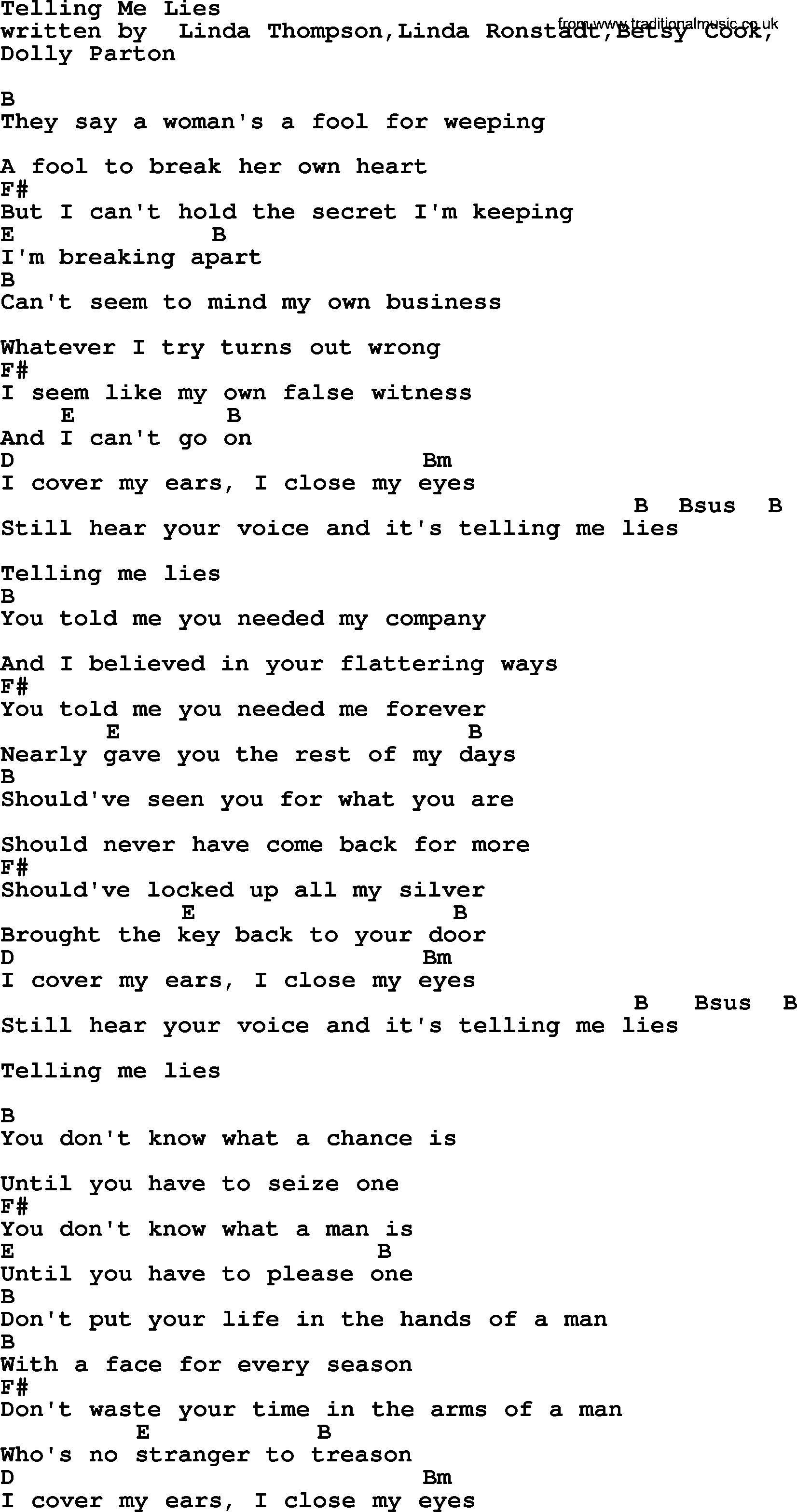 Emmylou Harris song: Telling Me Lies lyrics and chords