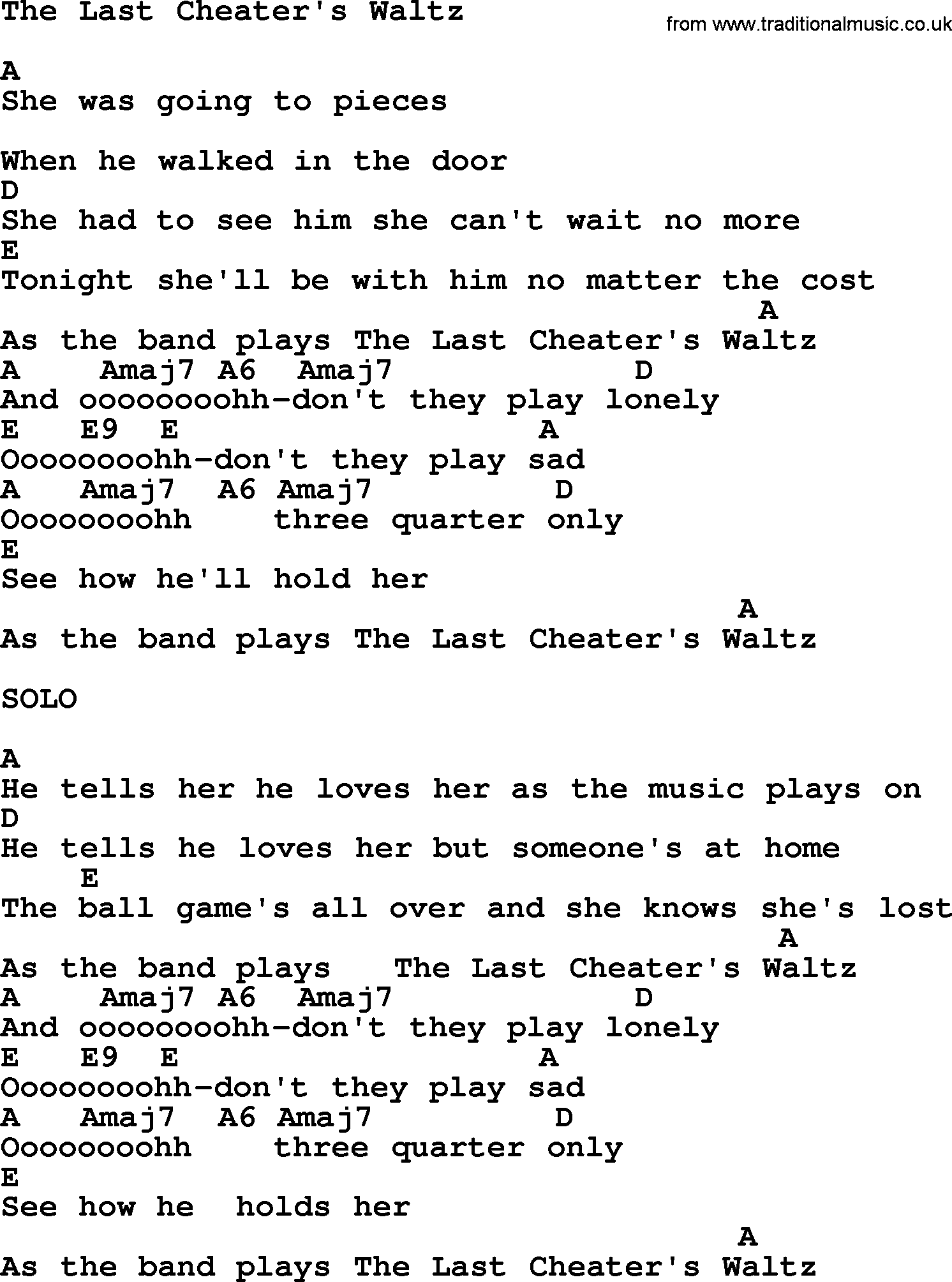 Emmylou Harris song: The Last Cheater's Waltz lyrics and chords
