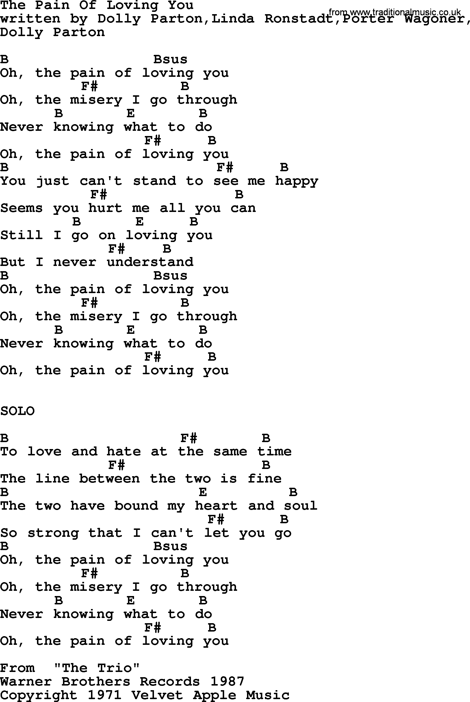 Emmylou Harris song: The Pain Of Loving You lyrics and chords