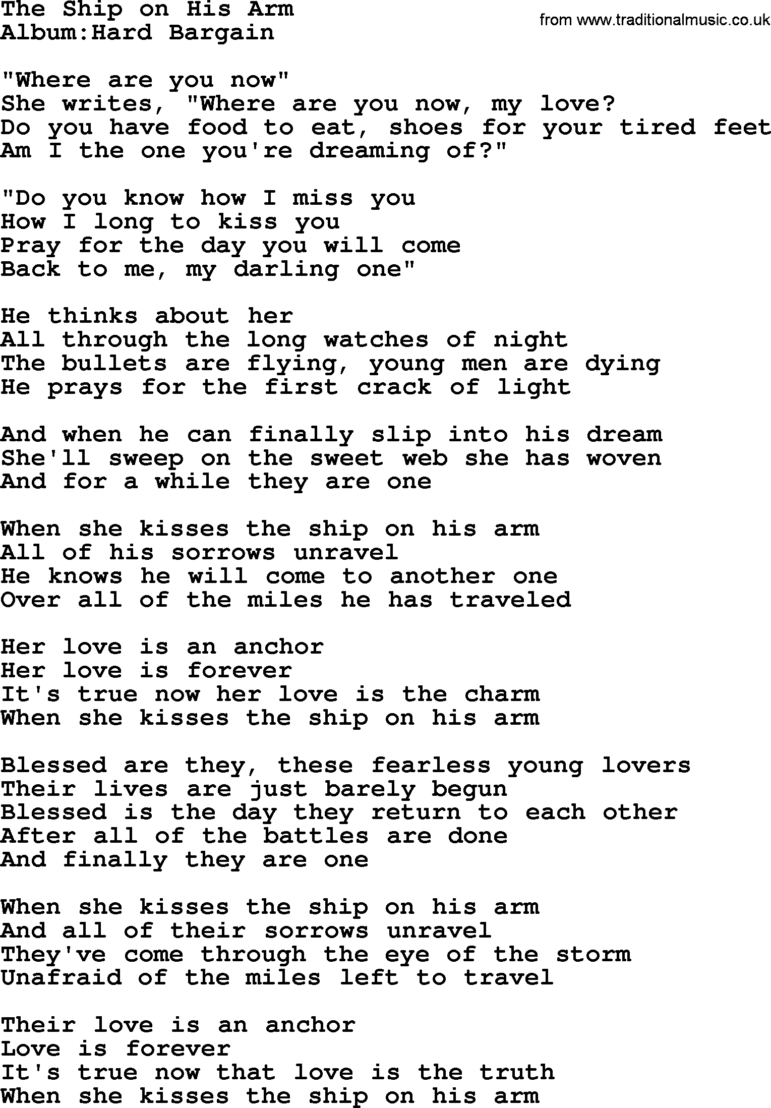 Emmylou Harris song: The Ship on His Arm lyrics