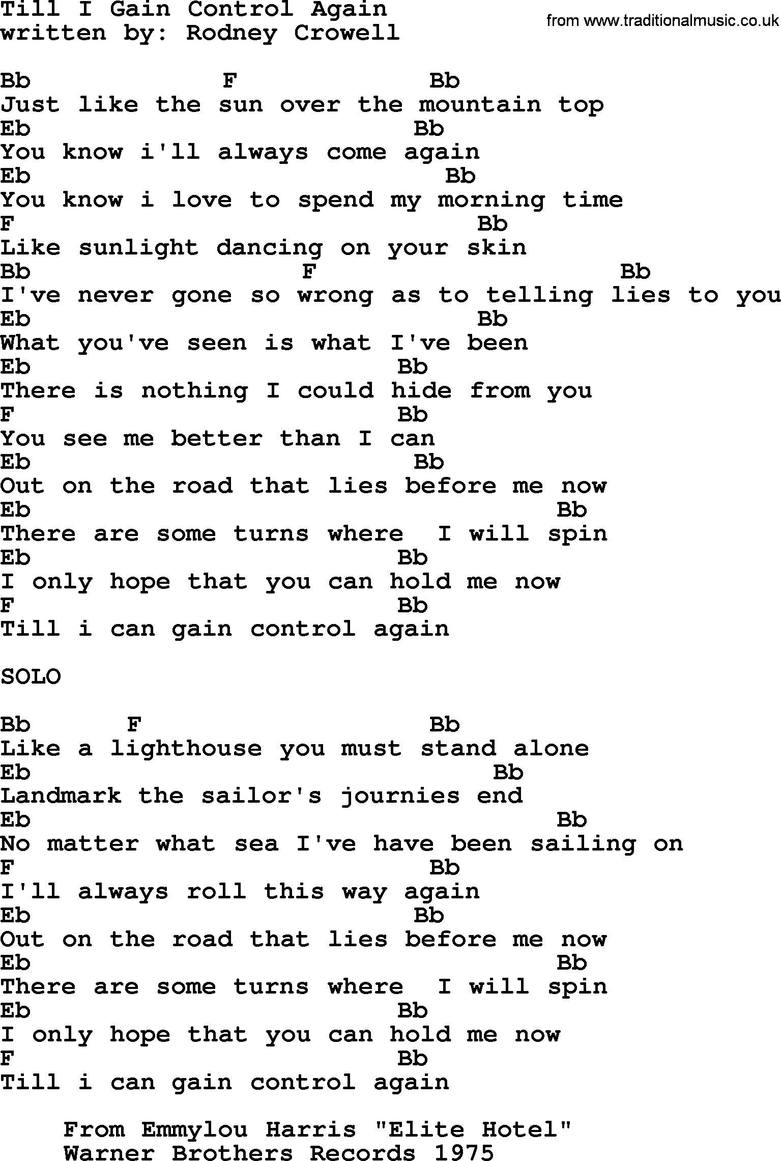 Emmylou Harris song: Till I Gain Control Again lyrics and chords