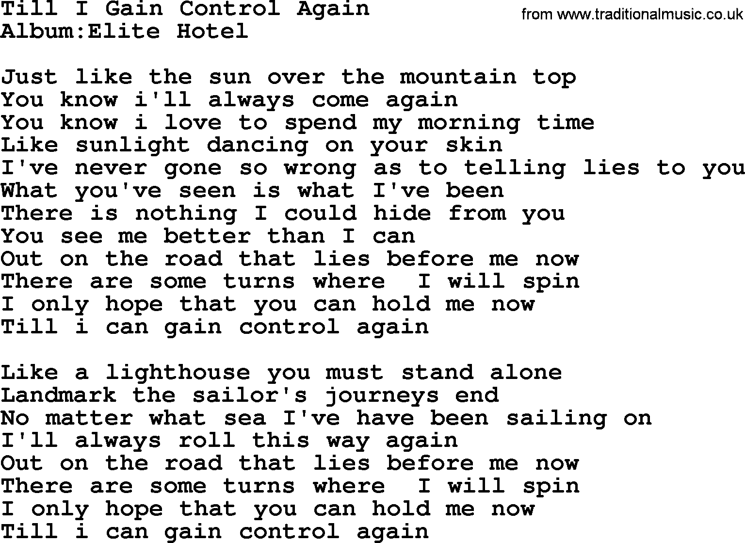 Emmylou Harris song: Till I Gain Control Again lyrics