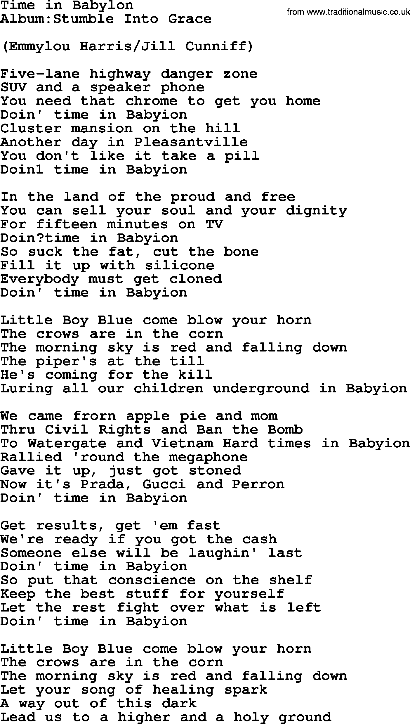 Emmylou Harris song: Time in Babylon lyrics