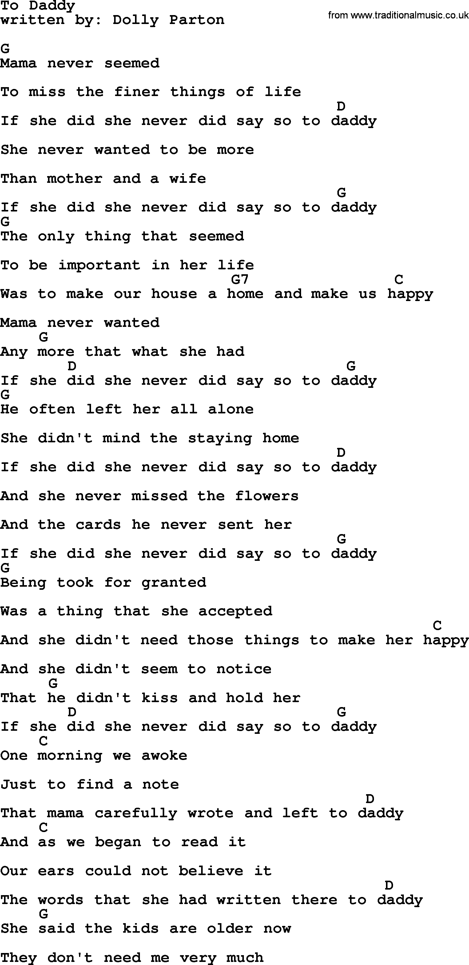 Emmylou Harris song: To Daddy lyrics and chords