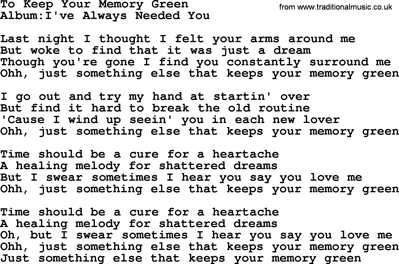 Emmylou Harris song: To Keep Your Memory Green lyrics