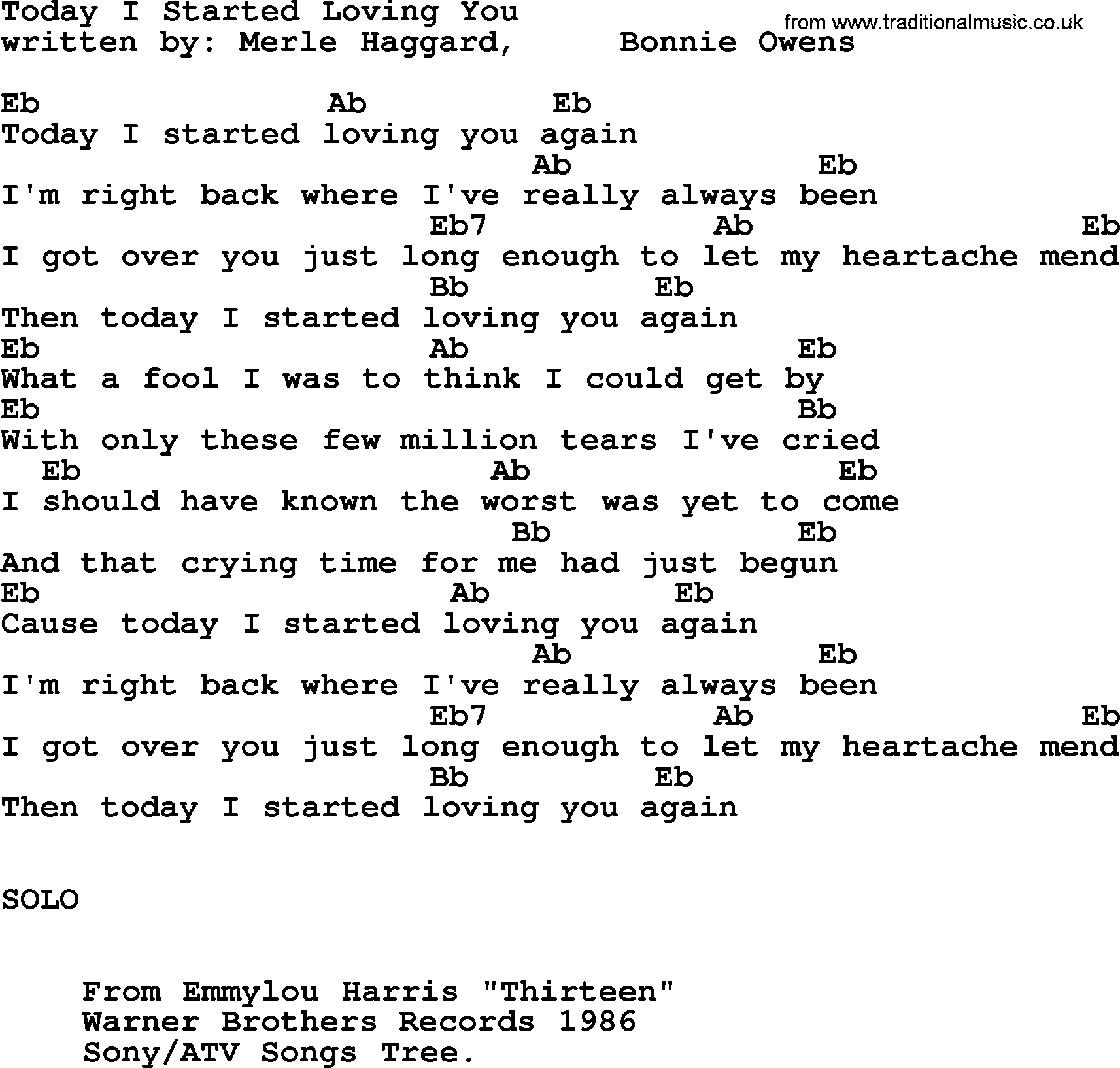 Emmylou Harris song: Today I Started Loving You lyrics and chords