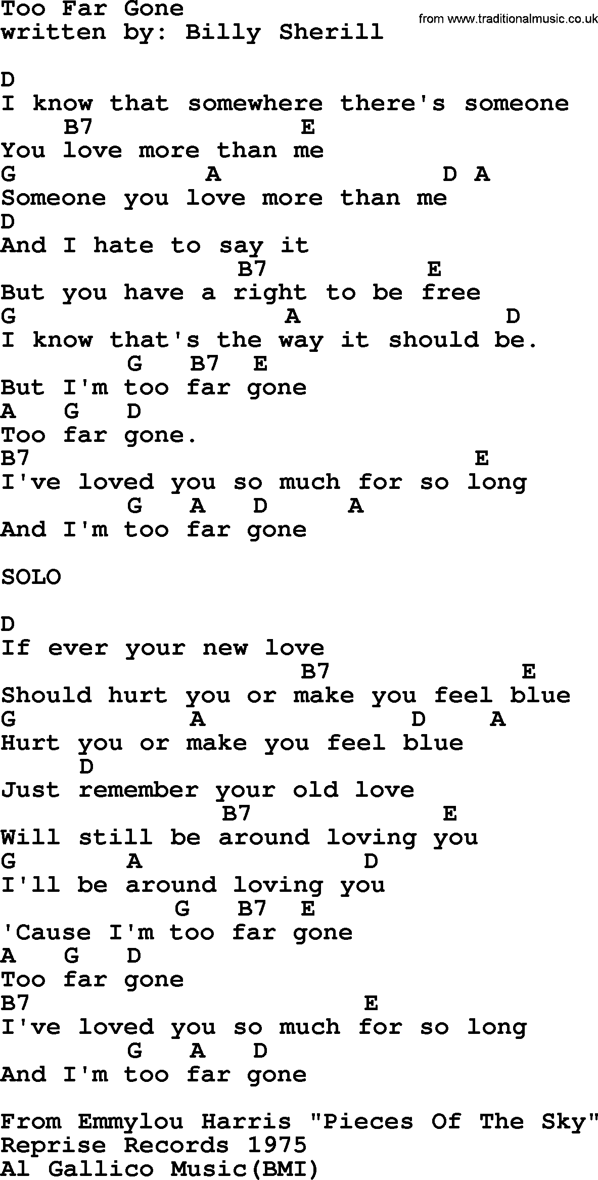 Emmylou Harris song: Too Far Gone lyrics and chords