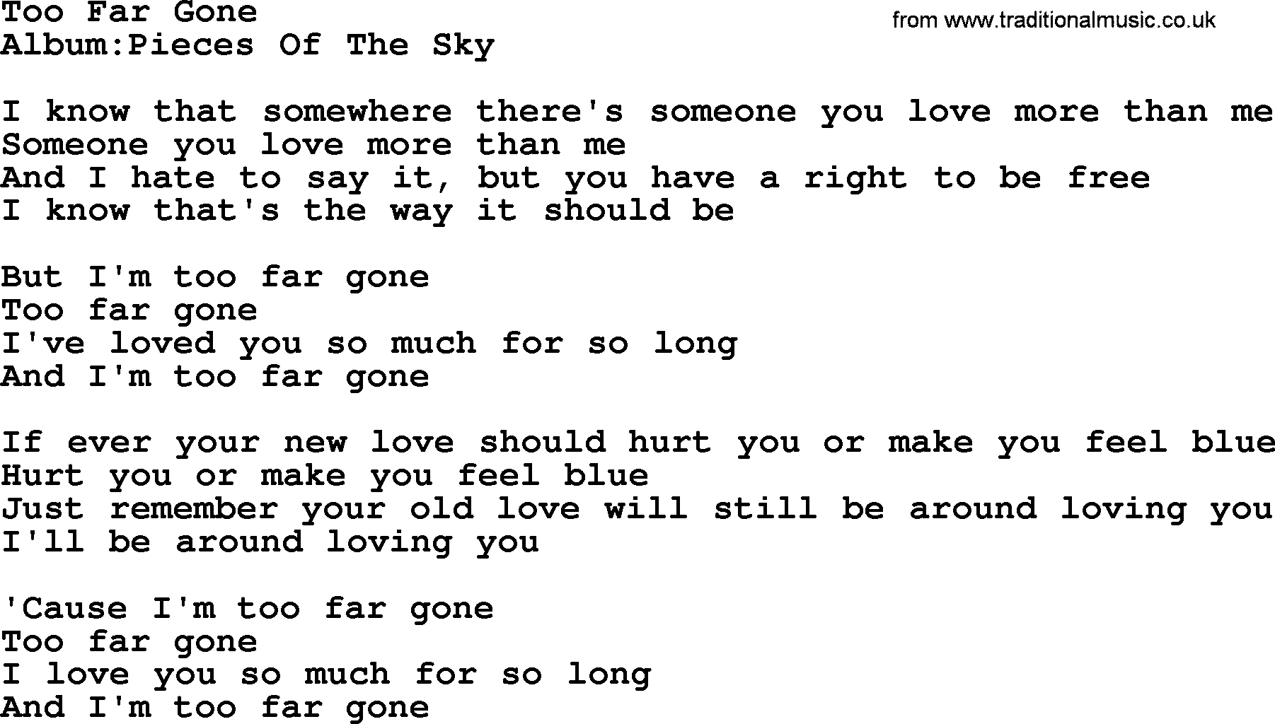Emmylou Harris song: Too Far Gone lyrics